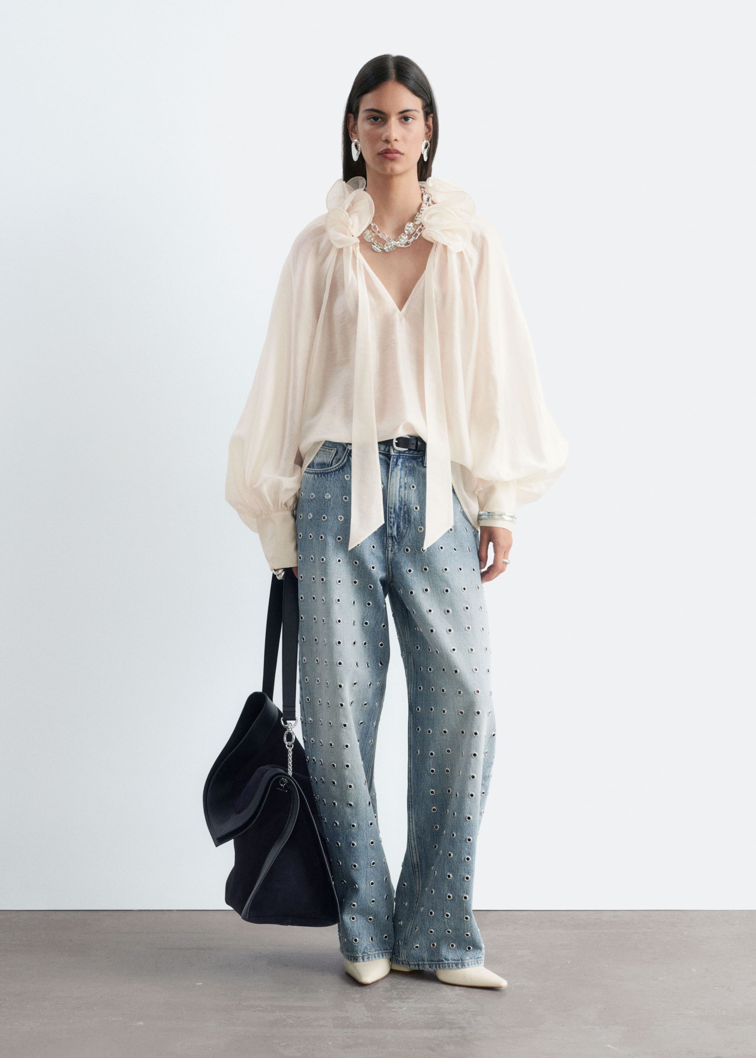 Ruffle Neck Voluminous Blouse - White - Still Life