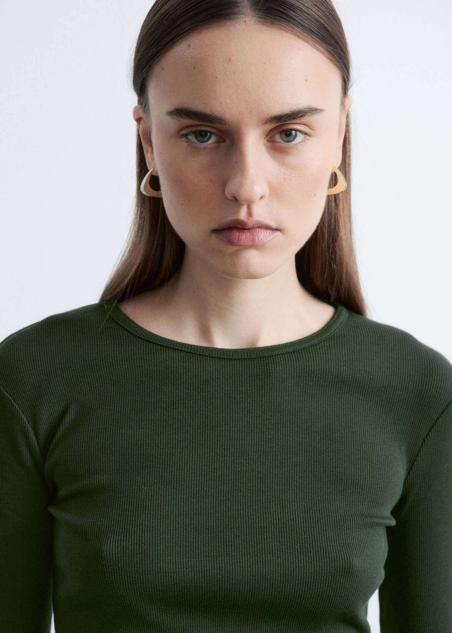 Ribbed Long-Sleeve Top - Dark Green/White/Black/Light Grey - 4