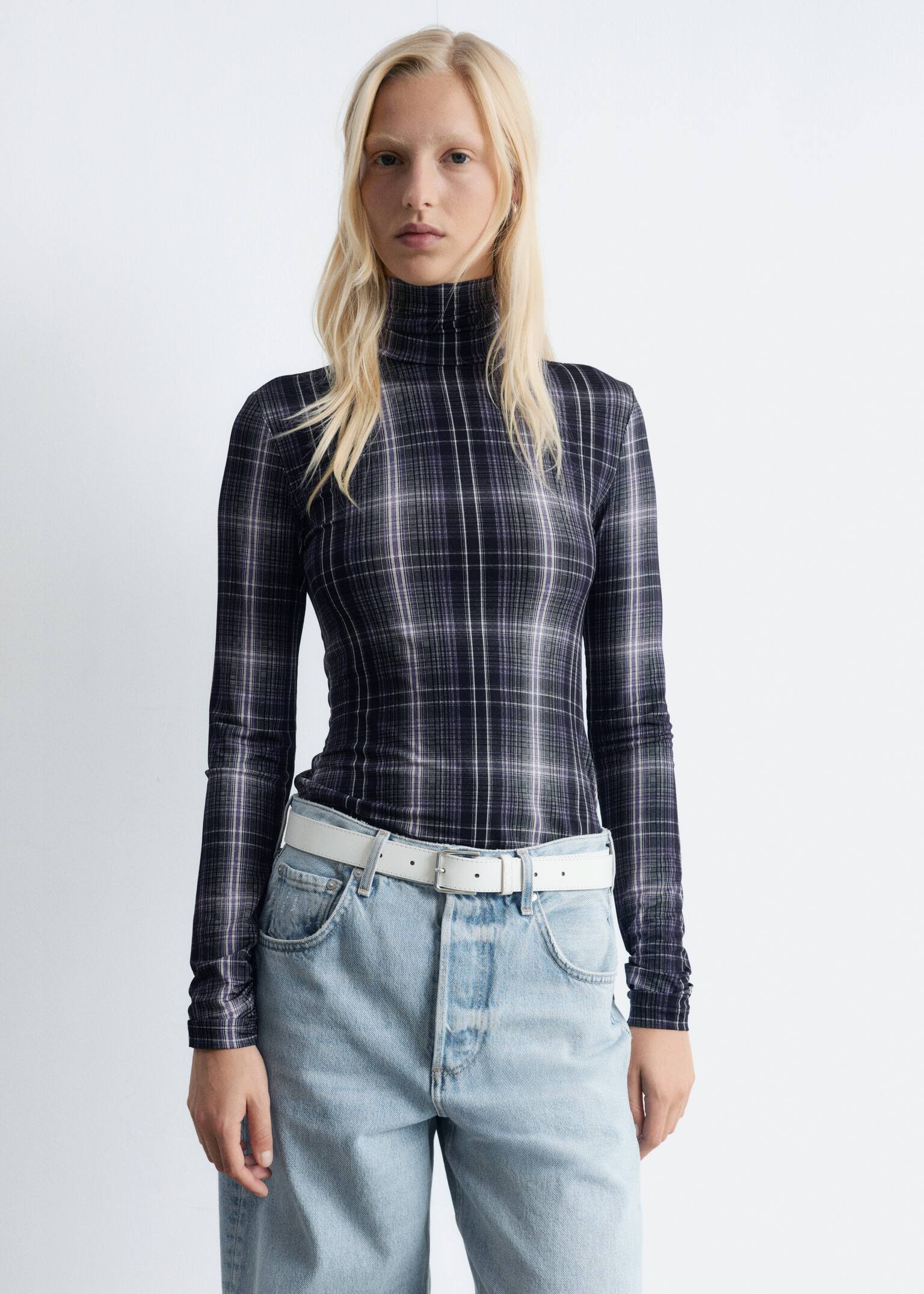 Slim Fit Turtleneck Top - Purple/Black Checked/Black/Red Florals/Light Purple - 1