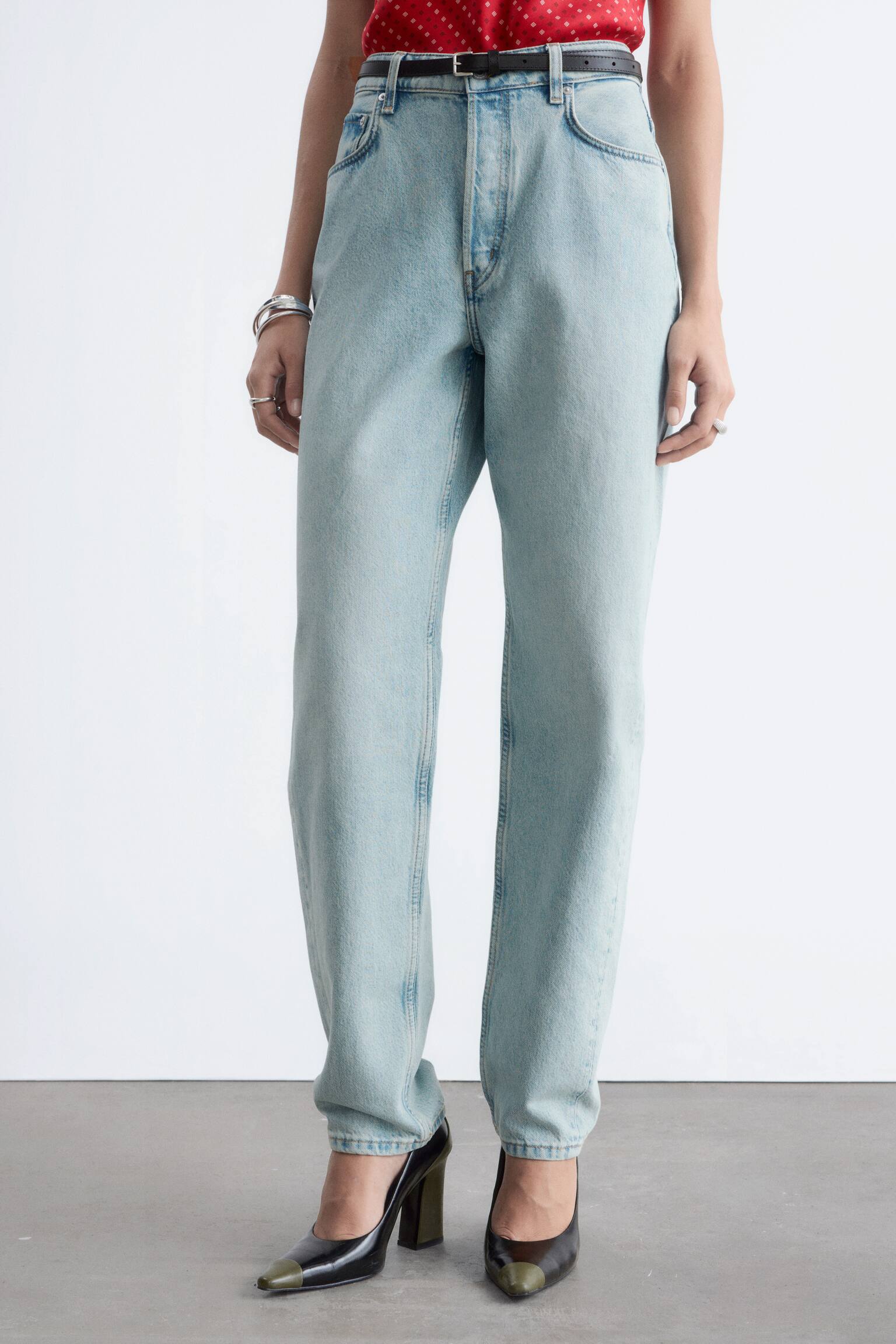 Jeans met rechte pijpen en hoge taille - Lichtblauw/Felrood - 9