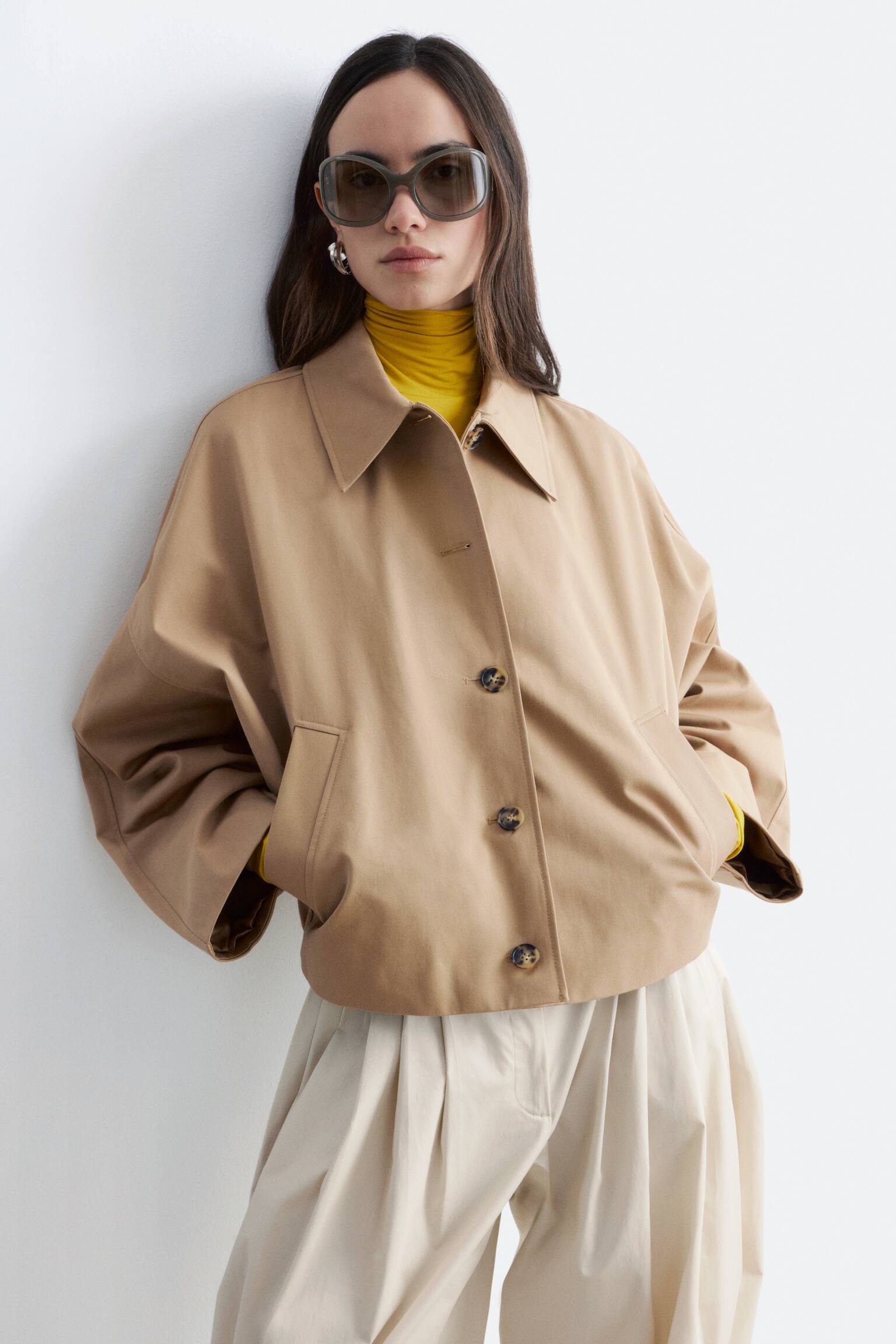 Giacca boxy in cotone - Beige/Marrone scuro - 6