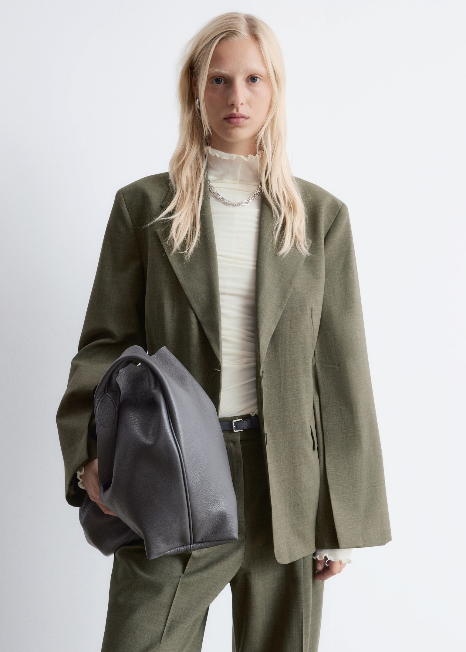 Blazer monopetto in lana - Verde scuro/Motivo gessato grigio scuro