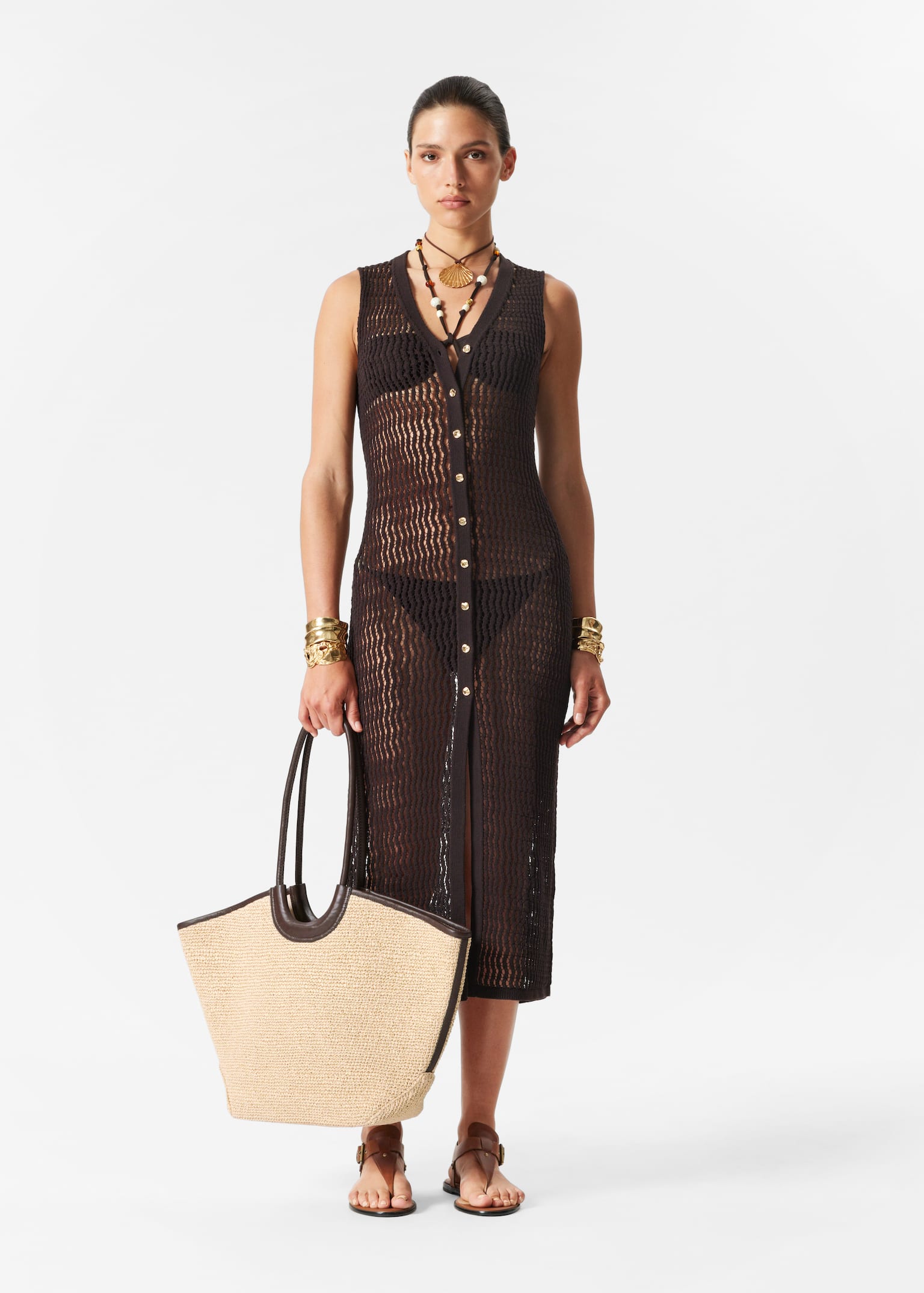 Maxikleid mit Lochstrickmuster - Dunkelbraun