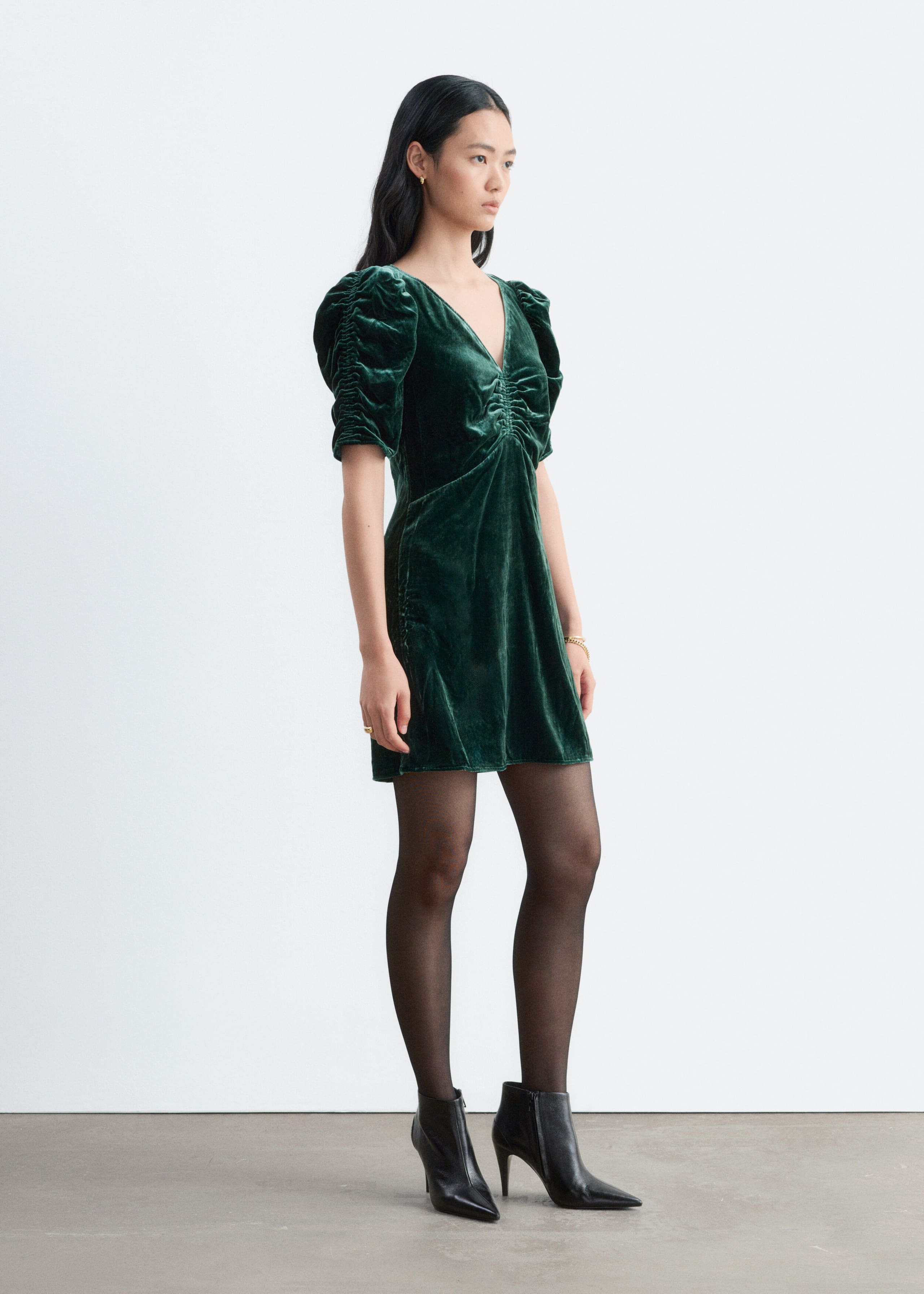 Ruched Velvet Dress - Dark Green - Lookbook
