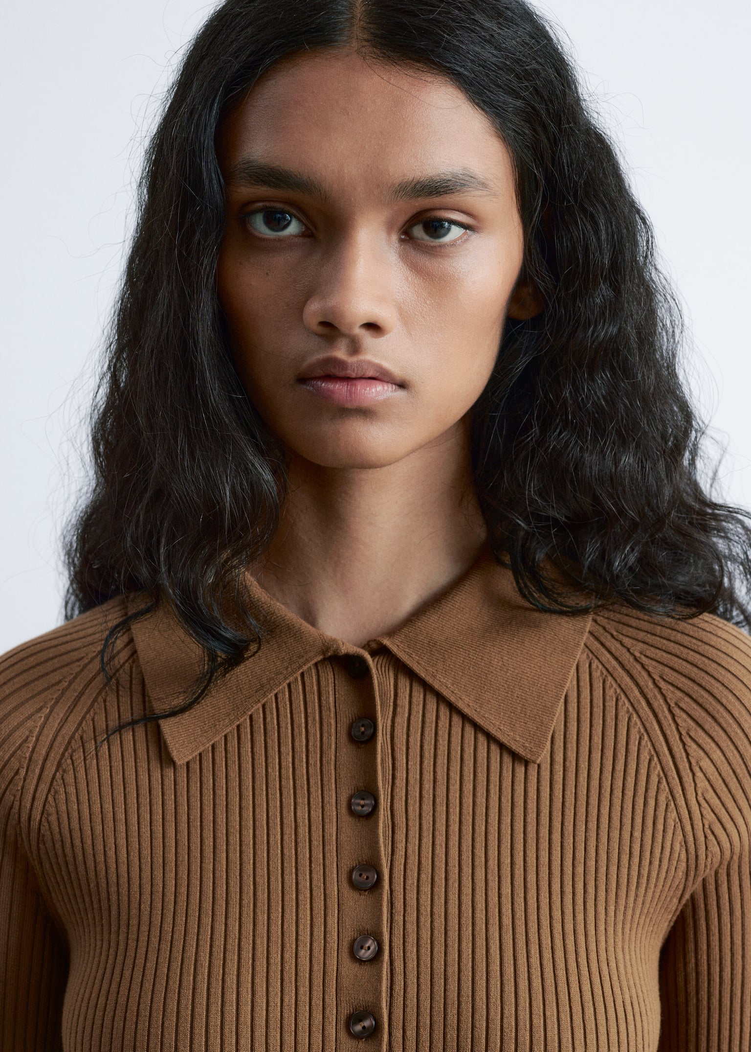 Rib-Knit Polo Shirt - Caramel Brown/Dark Brown/Light Blue - 3