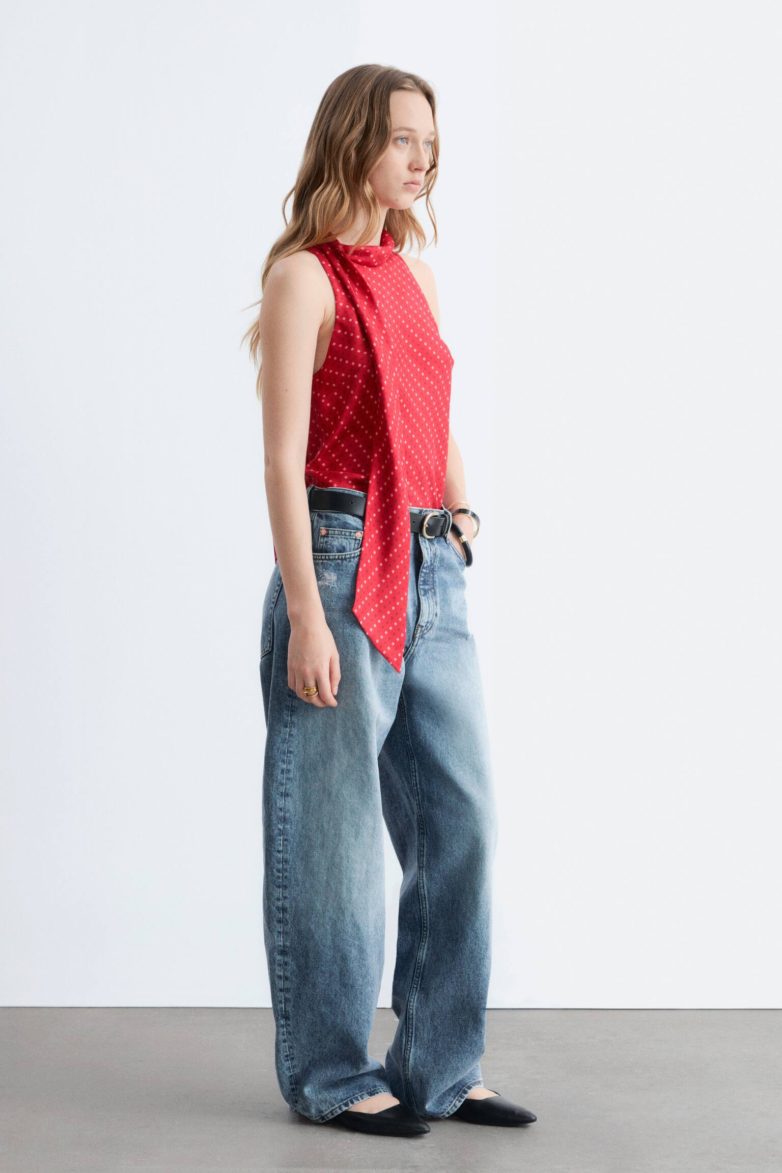 Top de seda con cuello de pañuelo - Rojo/Estampado a cuadros/Beige/Rayas - 4