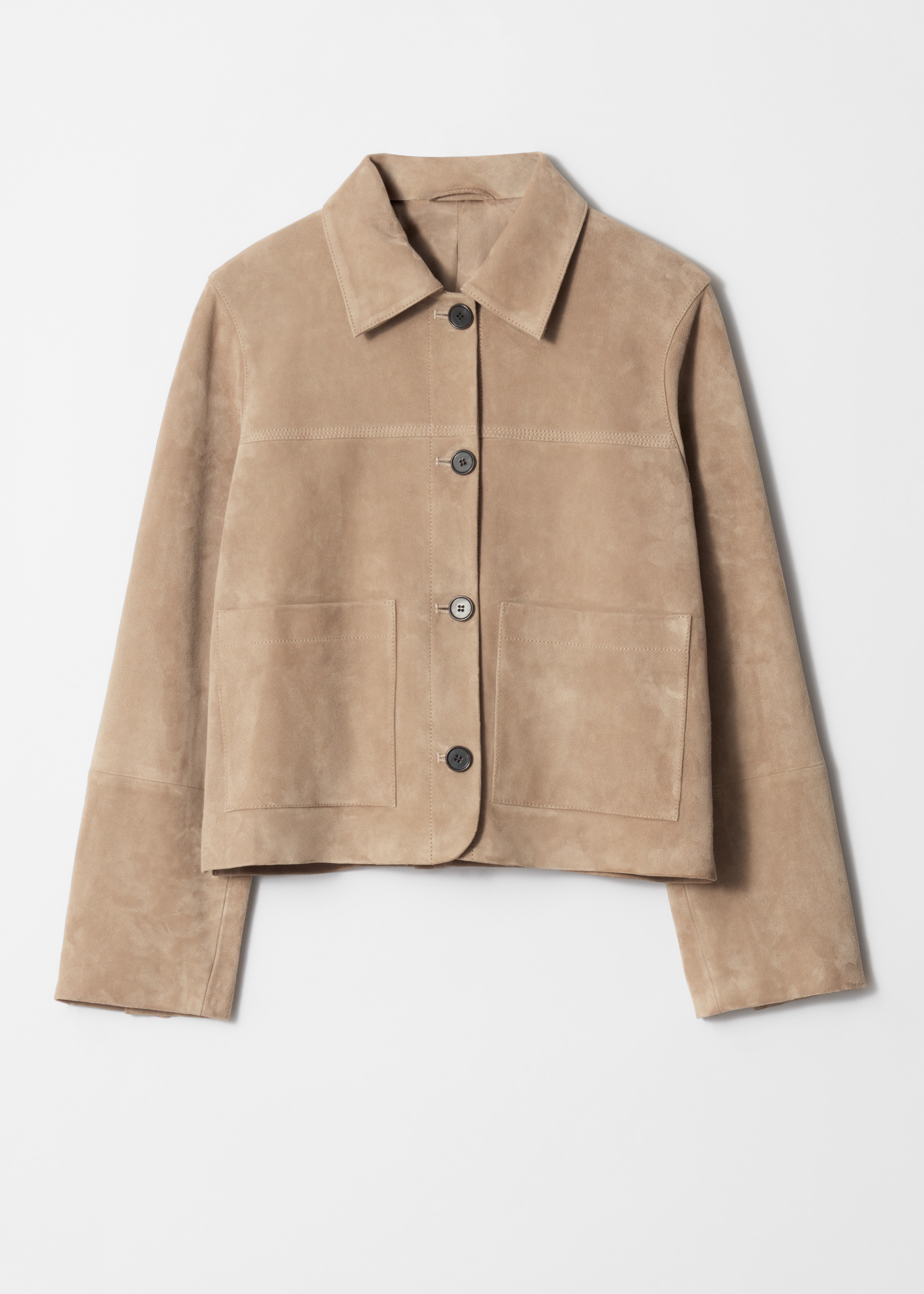 Jacke mit aufgesetzten Taschen - Beigefarbenes Veloursleder