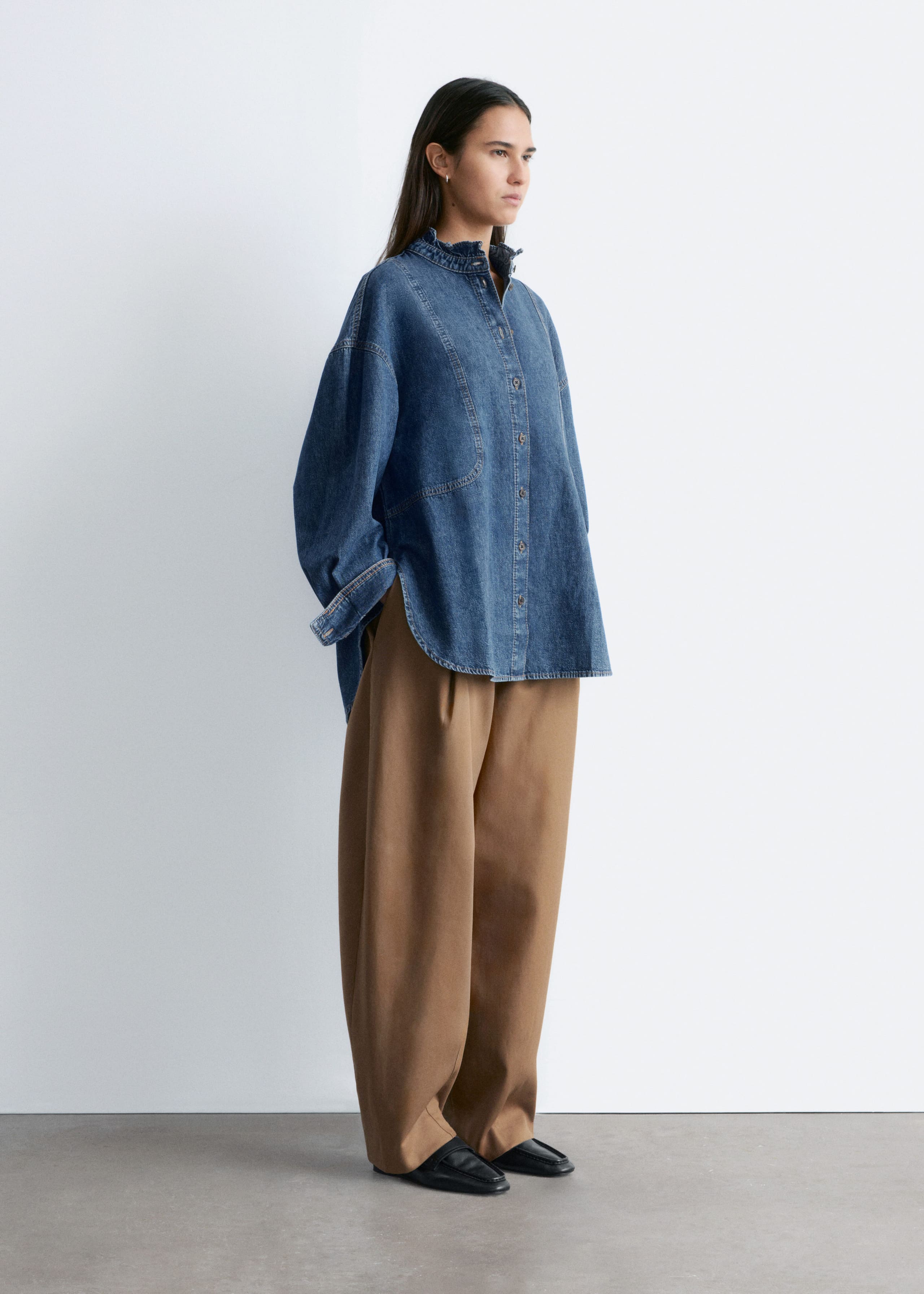 Image of Frill-Collar Denim Blouse