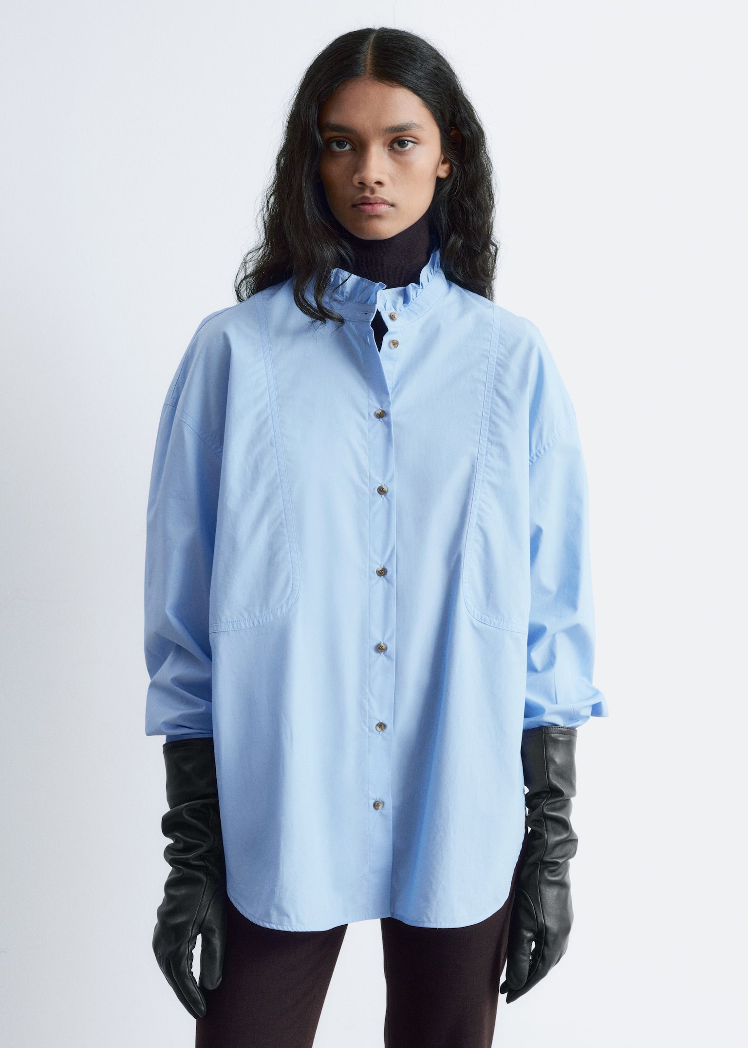 Long Stand-Collar Cotton Shirt - Light Blue/White - 6