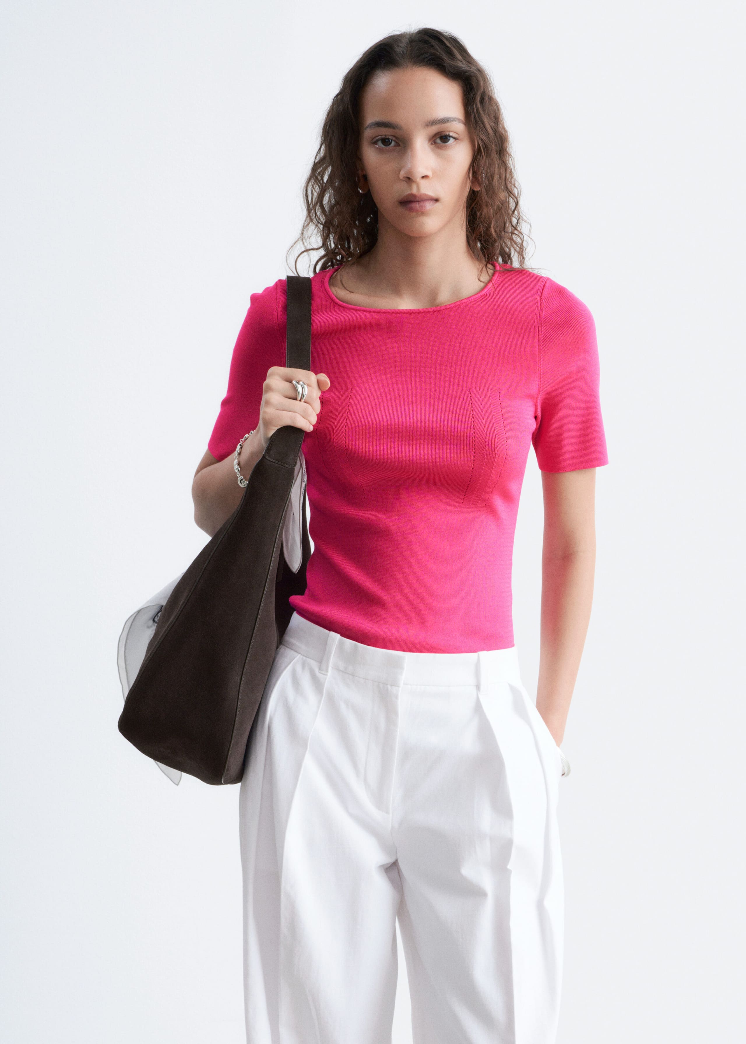 Slim Knitted T-Shirt - Bright Pink - Lookbook