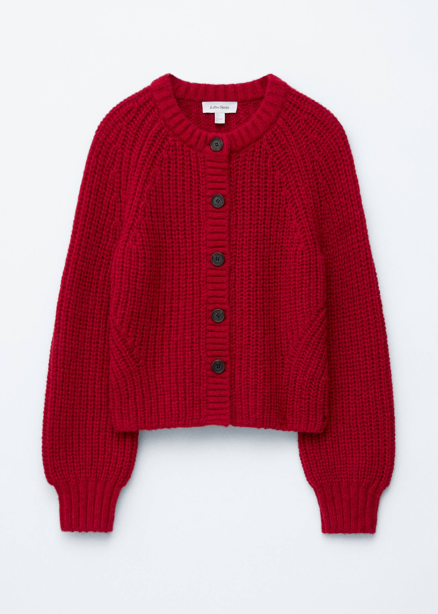 Balloon-Sleeve Cardigan - Red/Cream/Mustard Yellow