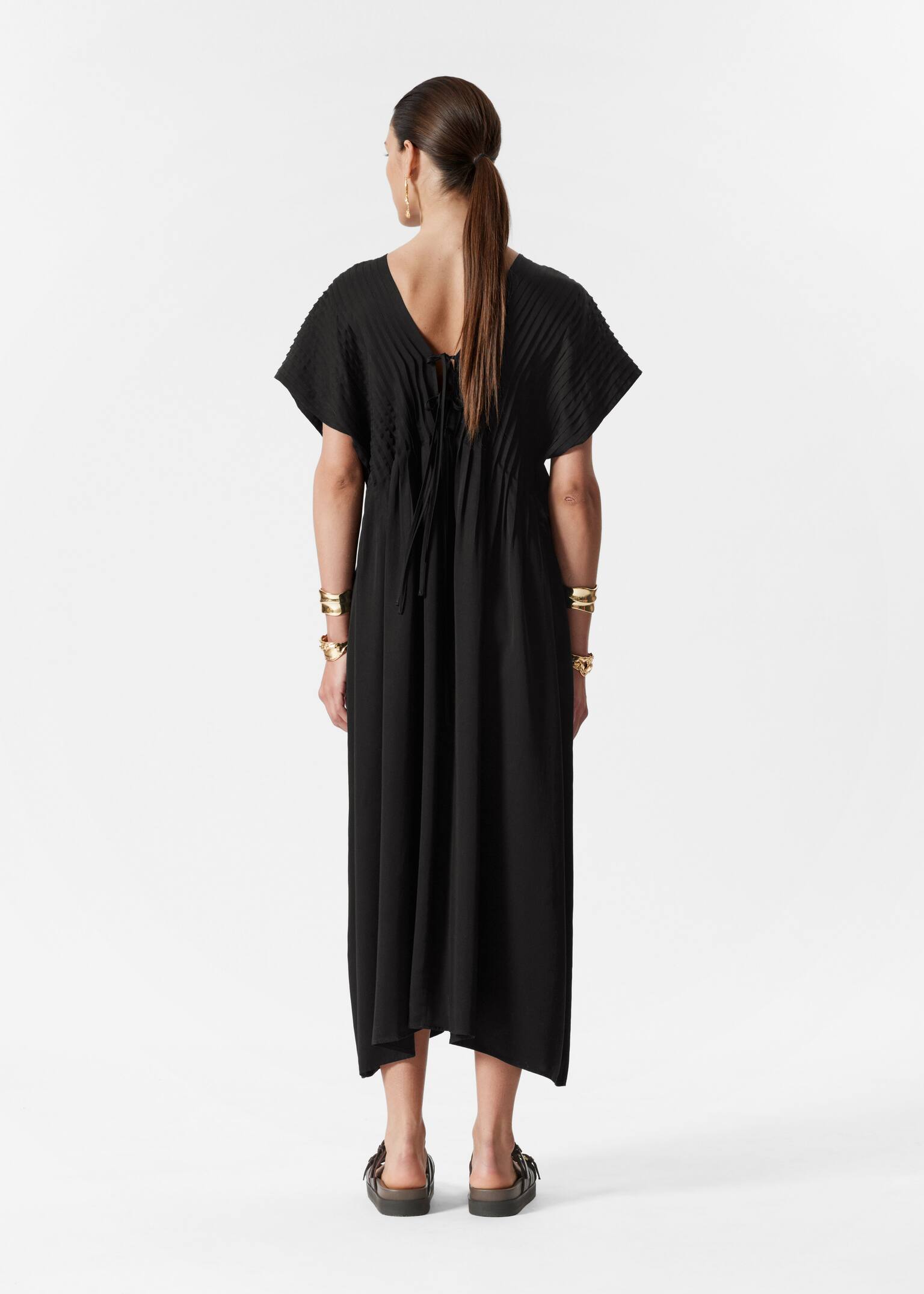 Pleated Dolman Midi Dress - Μαύρο/Σκούρο Μωβ - 3