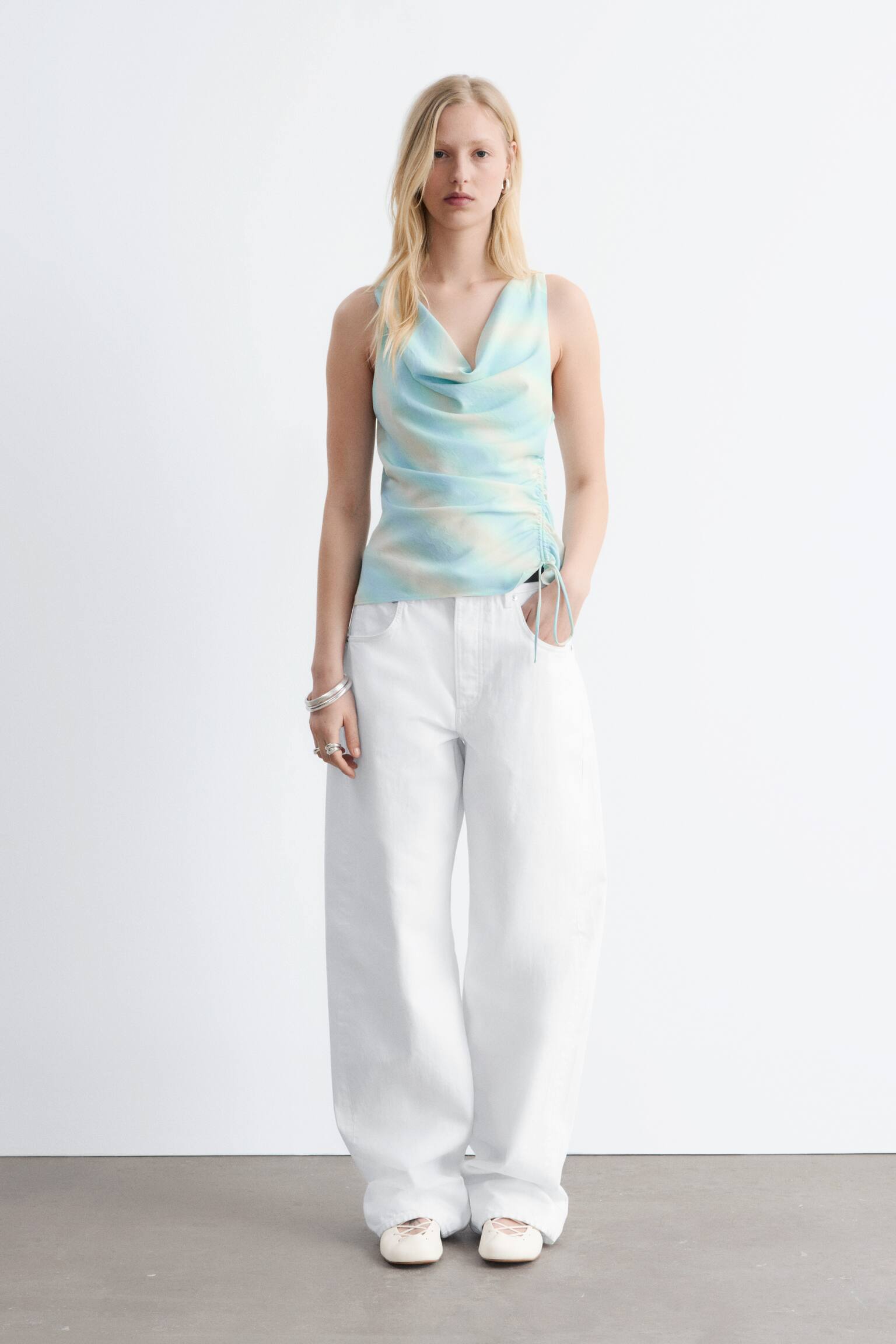 Cowl-Neck Drawstring Top - Light Turquoise/Black/Floral Print/Yellow - 3