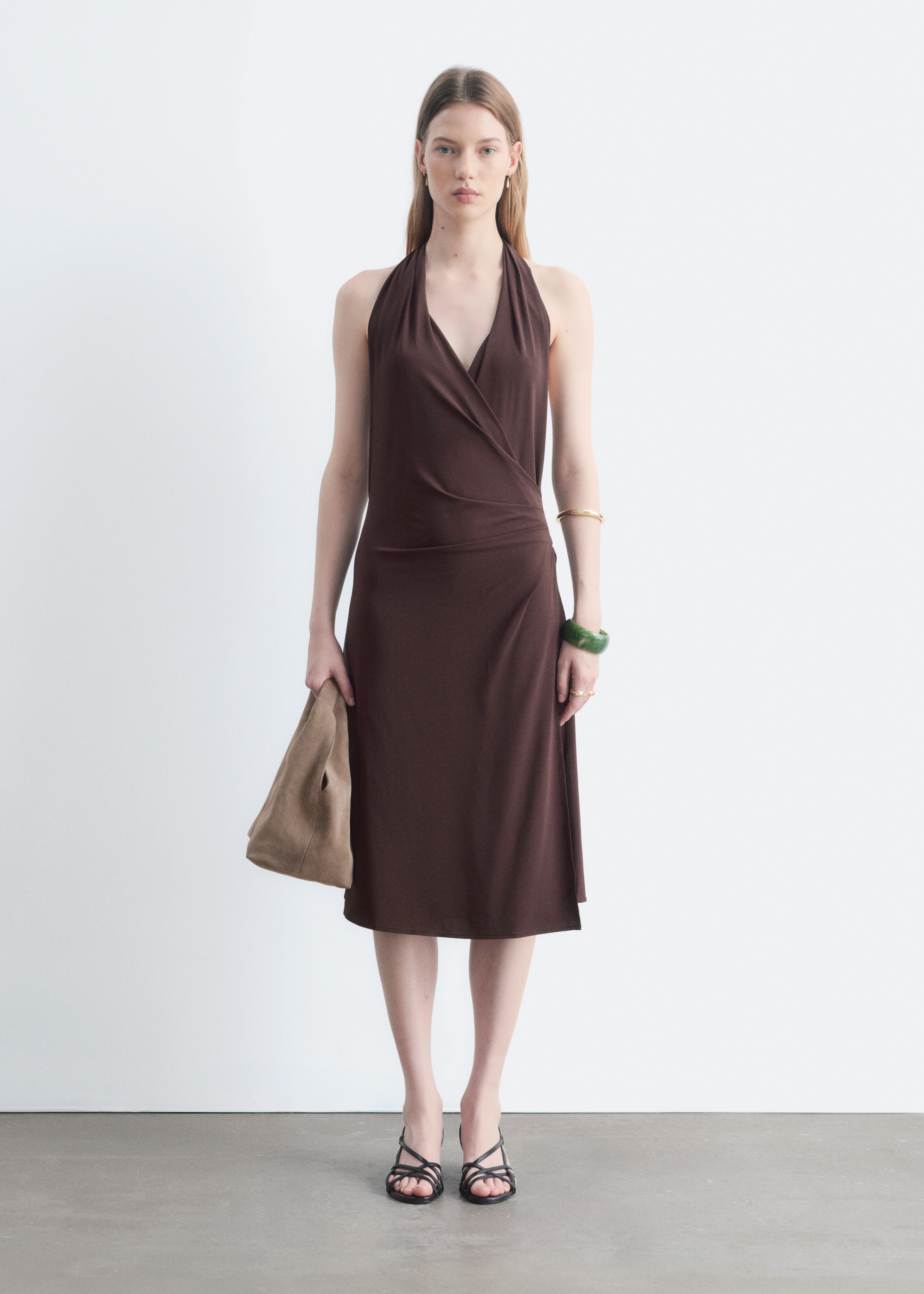 Neckholder-Midikleid aus Jersey - Dunkelbraun