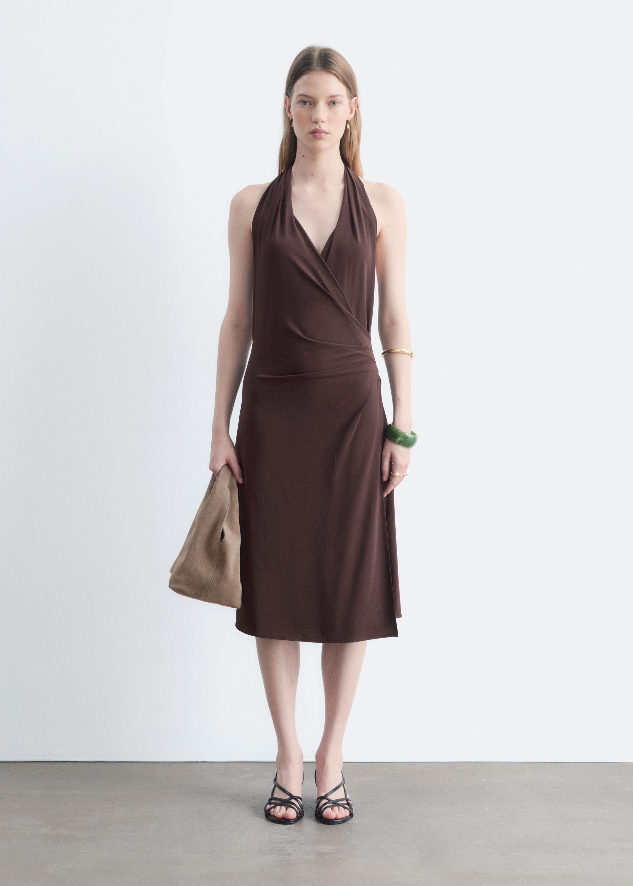 Halterneck Jersey Midi Dress - Dark Brown - Lookbook