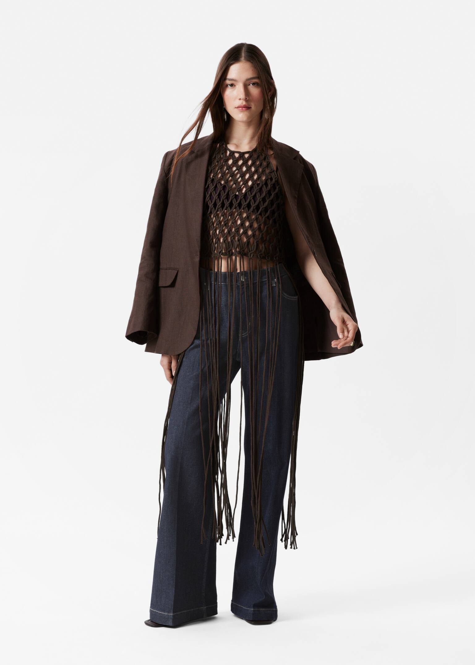 Haut à dos nu en macramé à franges - Marron foncé - 3