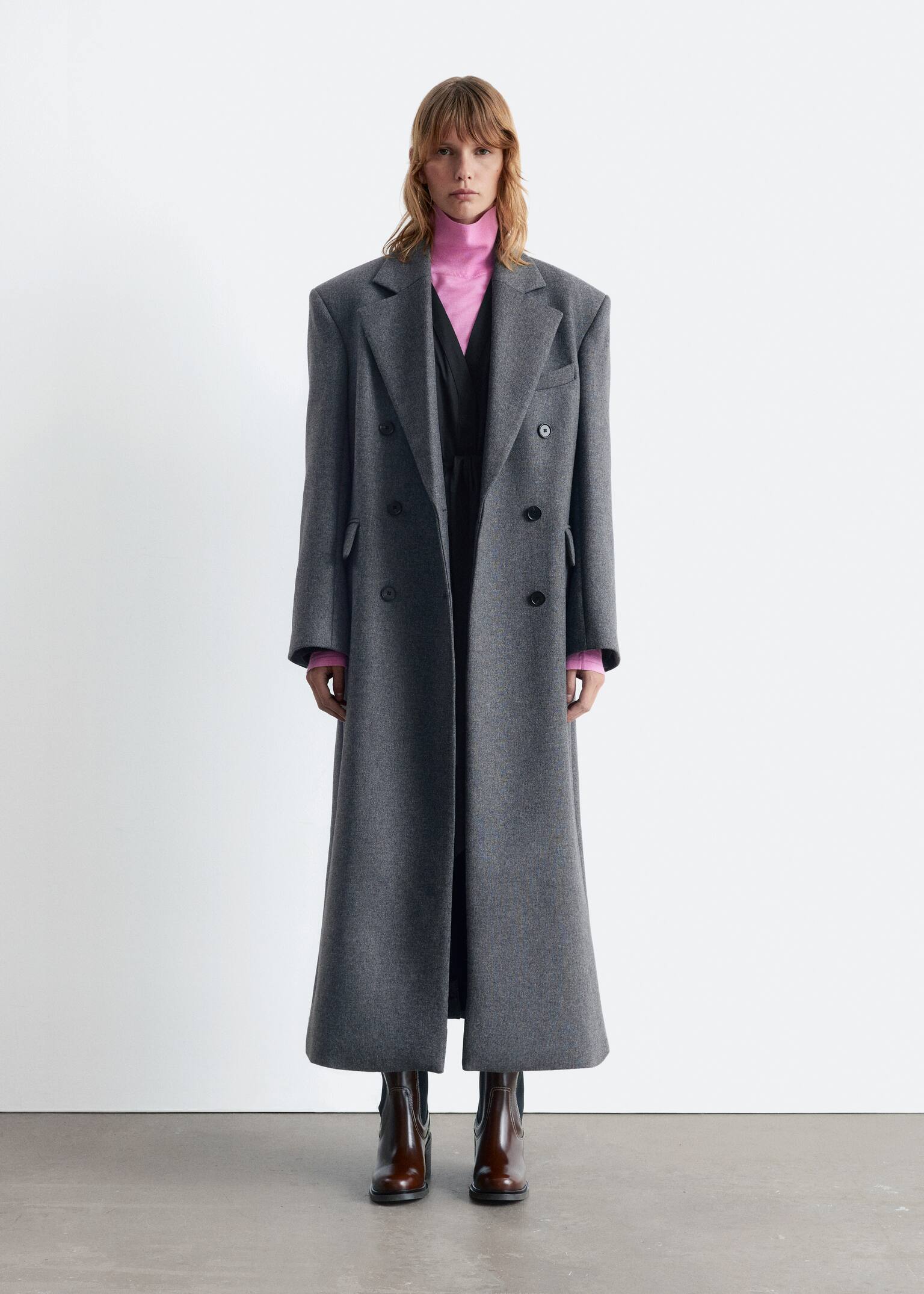 Long Wool Coat - Meleerattu harmaa/Musta - 4