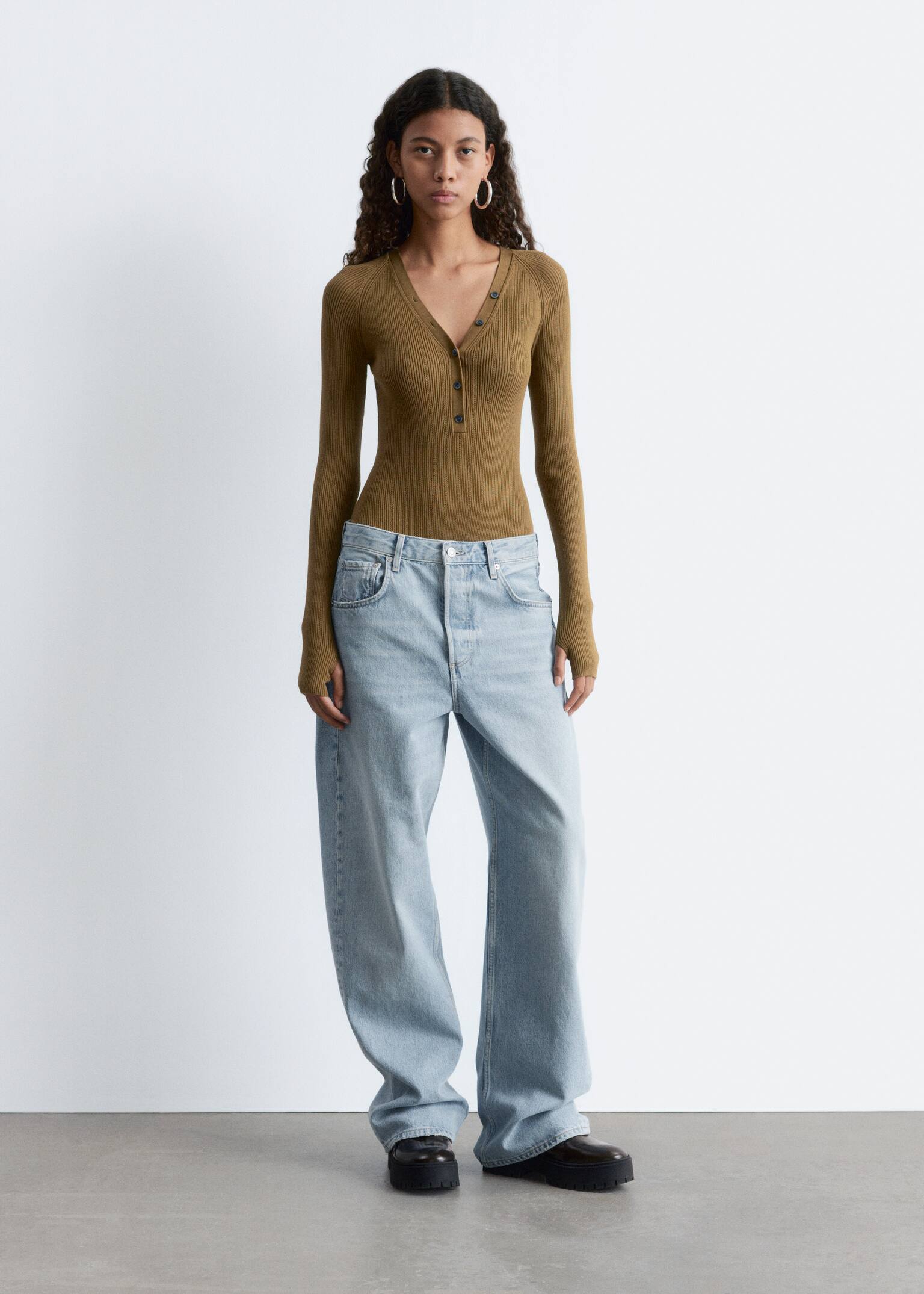 Long-Sleeve Rib-Knit Bodysuit - Olive Brown/Dark Brown/White - 3
