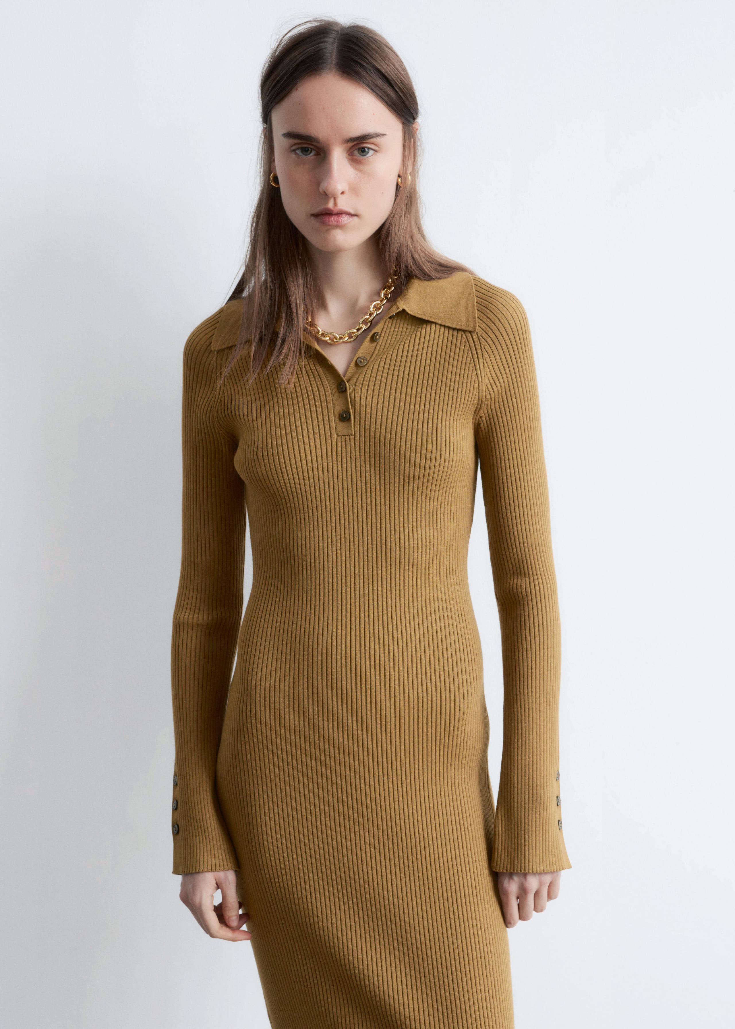 Image of Rib-Knit Polo Midi Dress