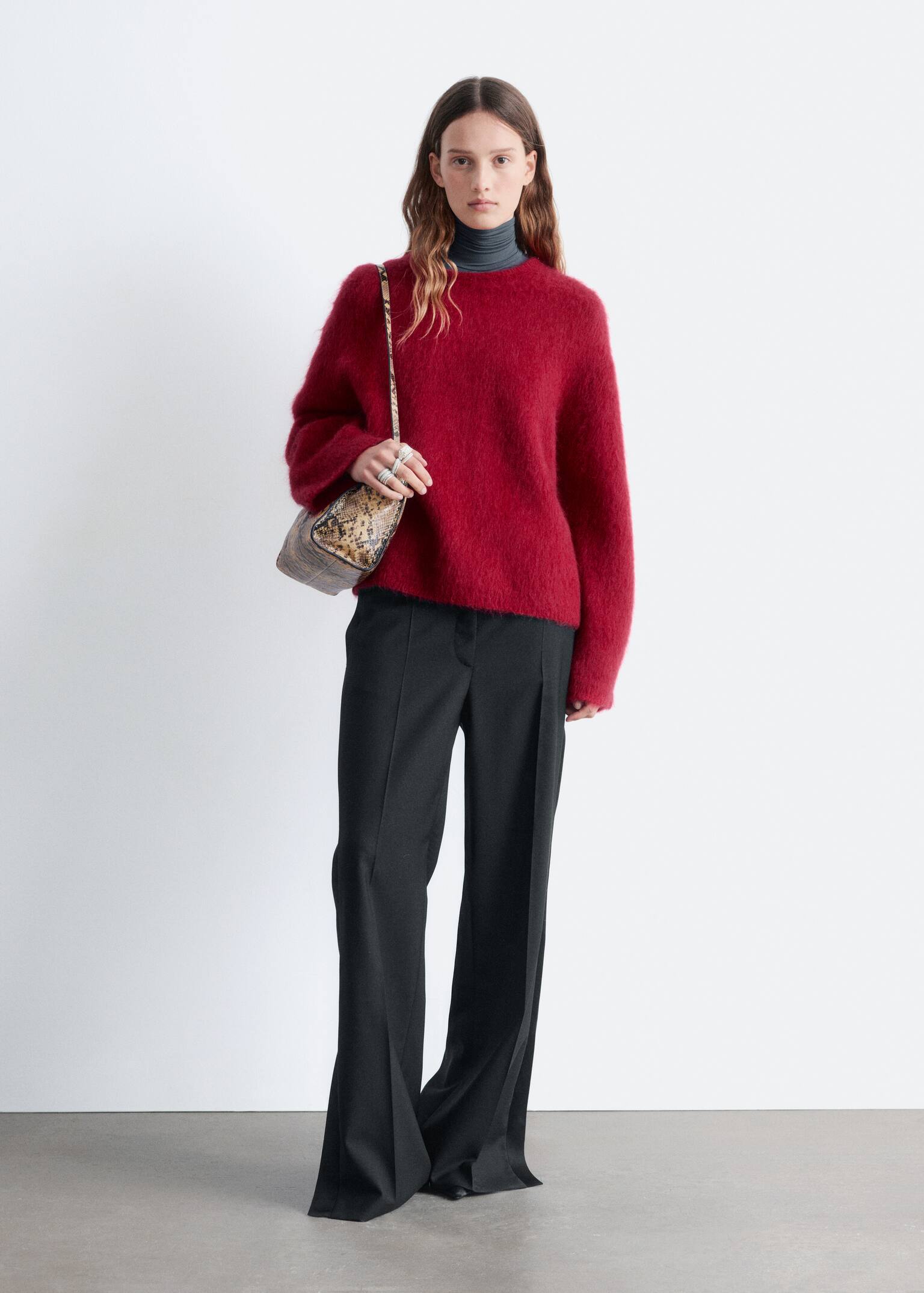 Kifésült mohair keverék pulóver - Mélyvörös/Sötét bézs/Sötétlila - 3