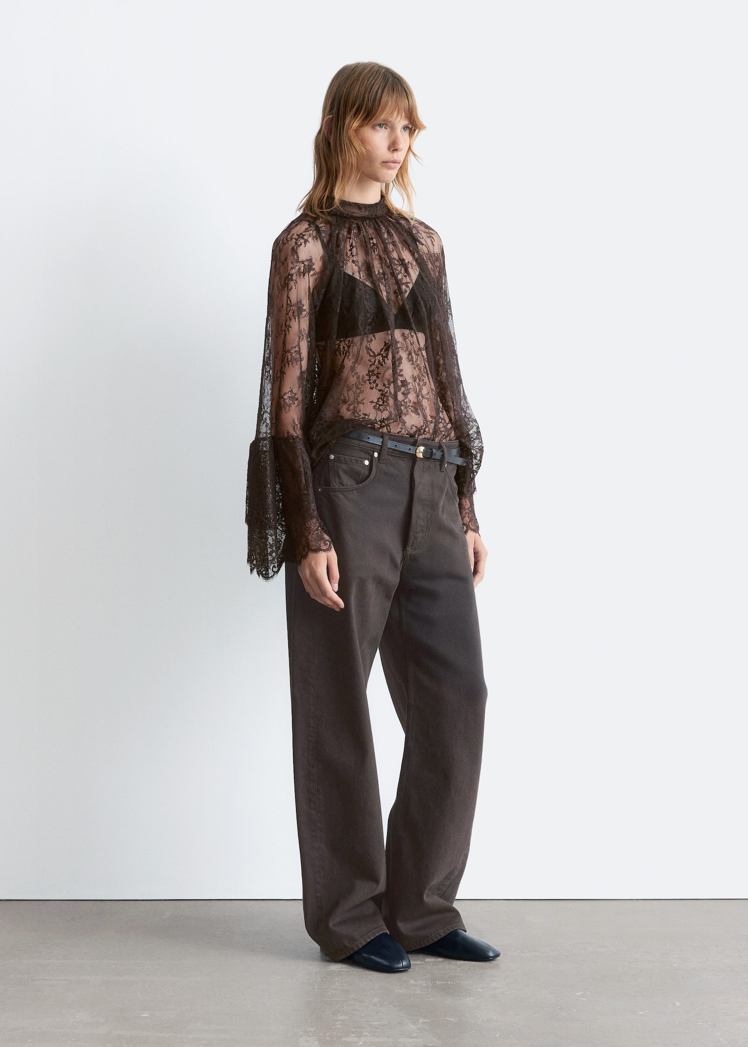 Flounced Lace Blouse - Dark Brown - 6
