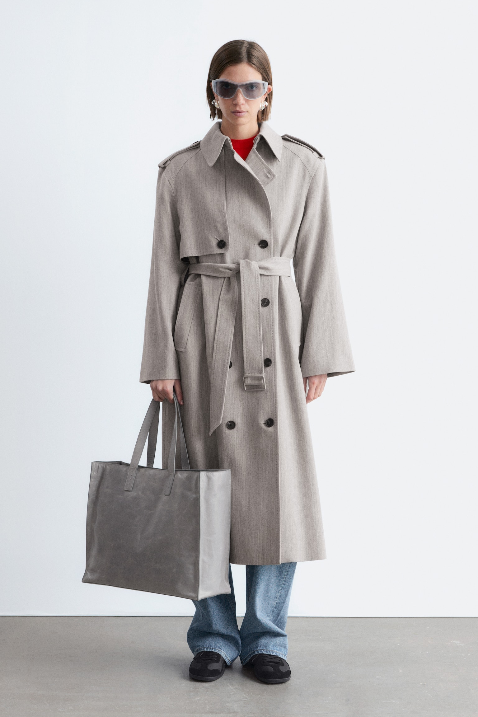 Trench in lana con cintura - Grigio - 1