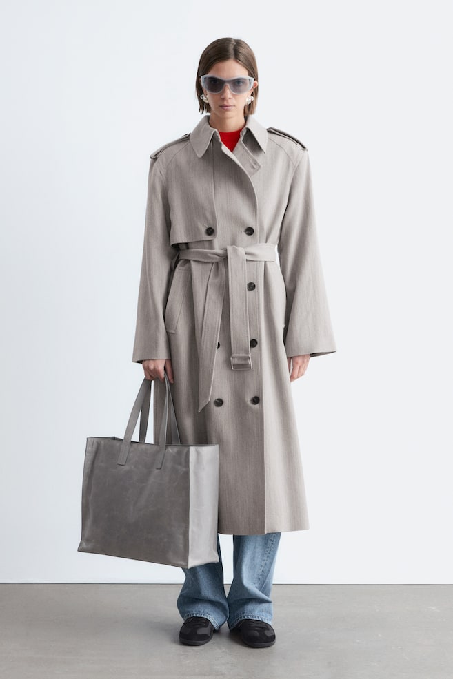 Cotton-Wool Tie-Belt Trench Coat - Grey - 1