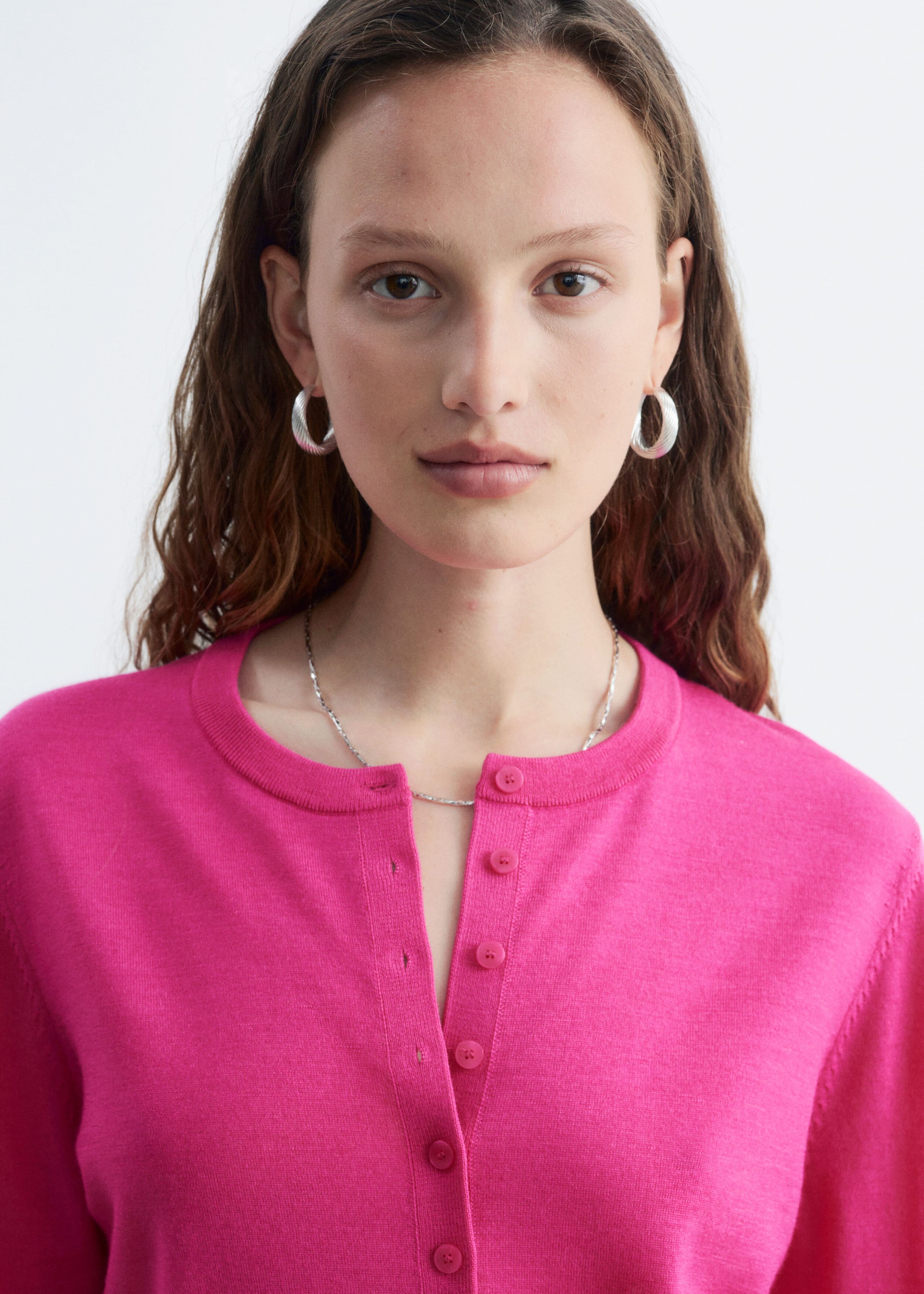 Plain-Knit Wool Cardigan - Bright Pink - Still Life