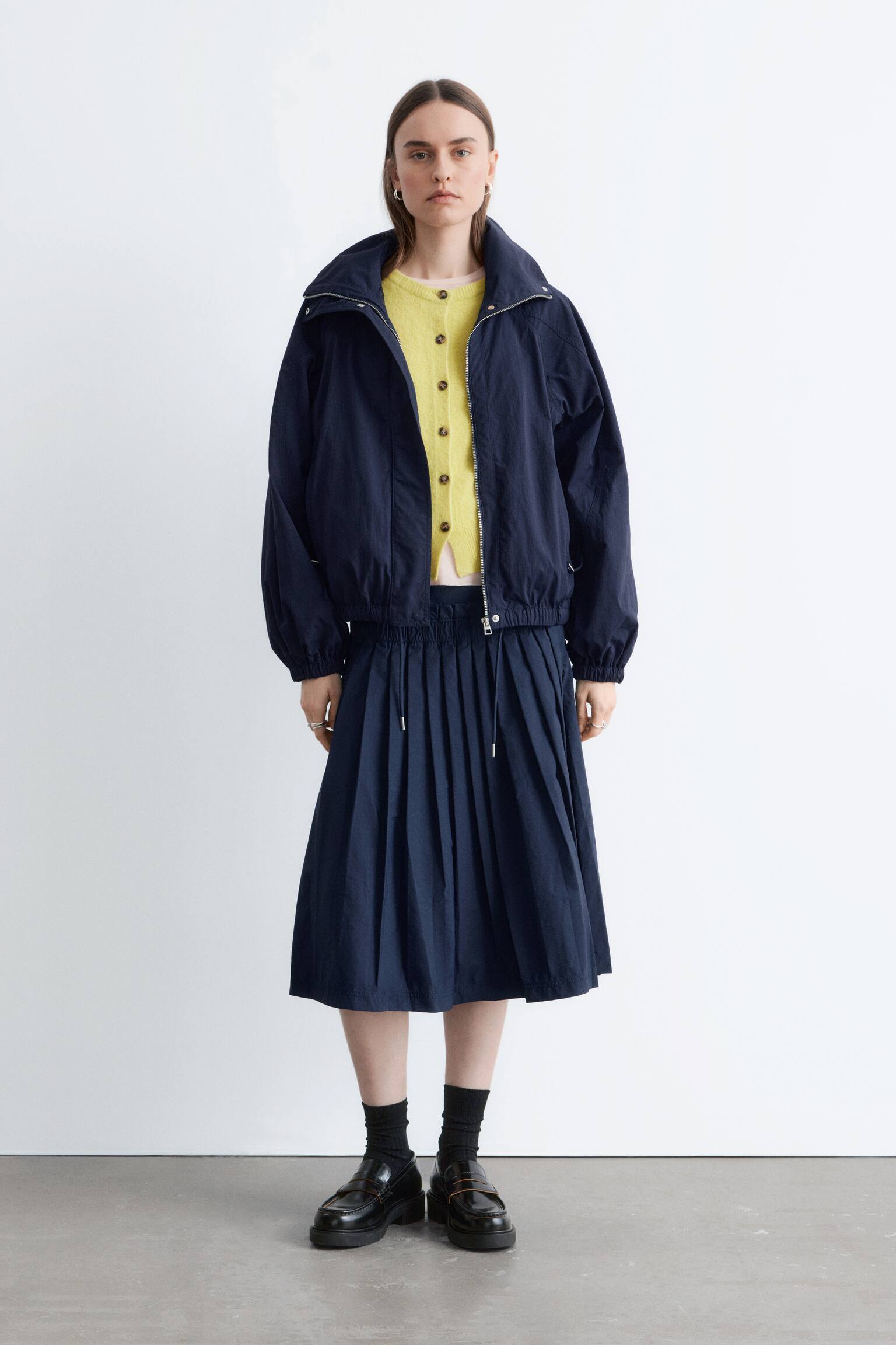 Giacca con coulisse e colletto alla coreana - Blu scuro - 4