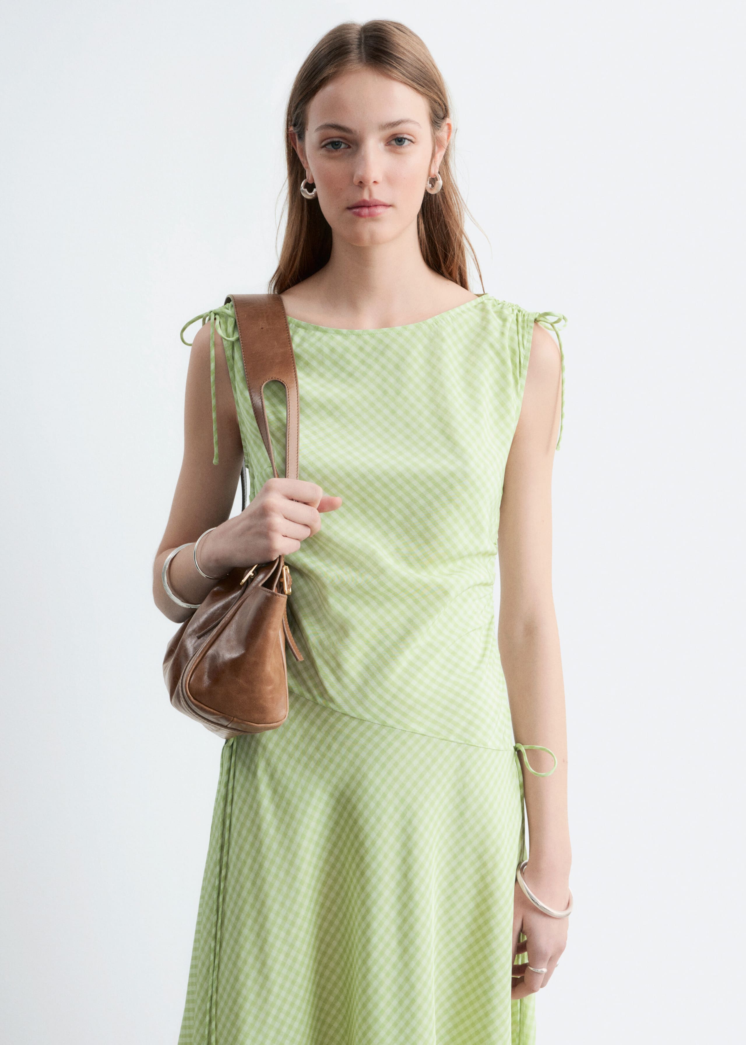 Asymmetric Draped Midi Dress - Light Green/Gingham Checked - Lookbook
