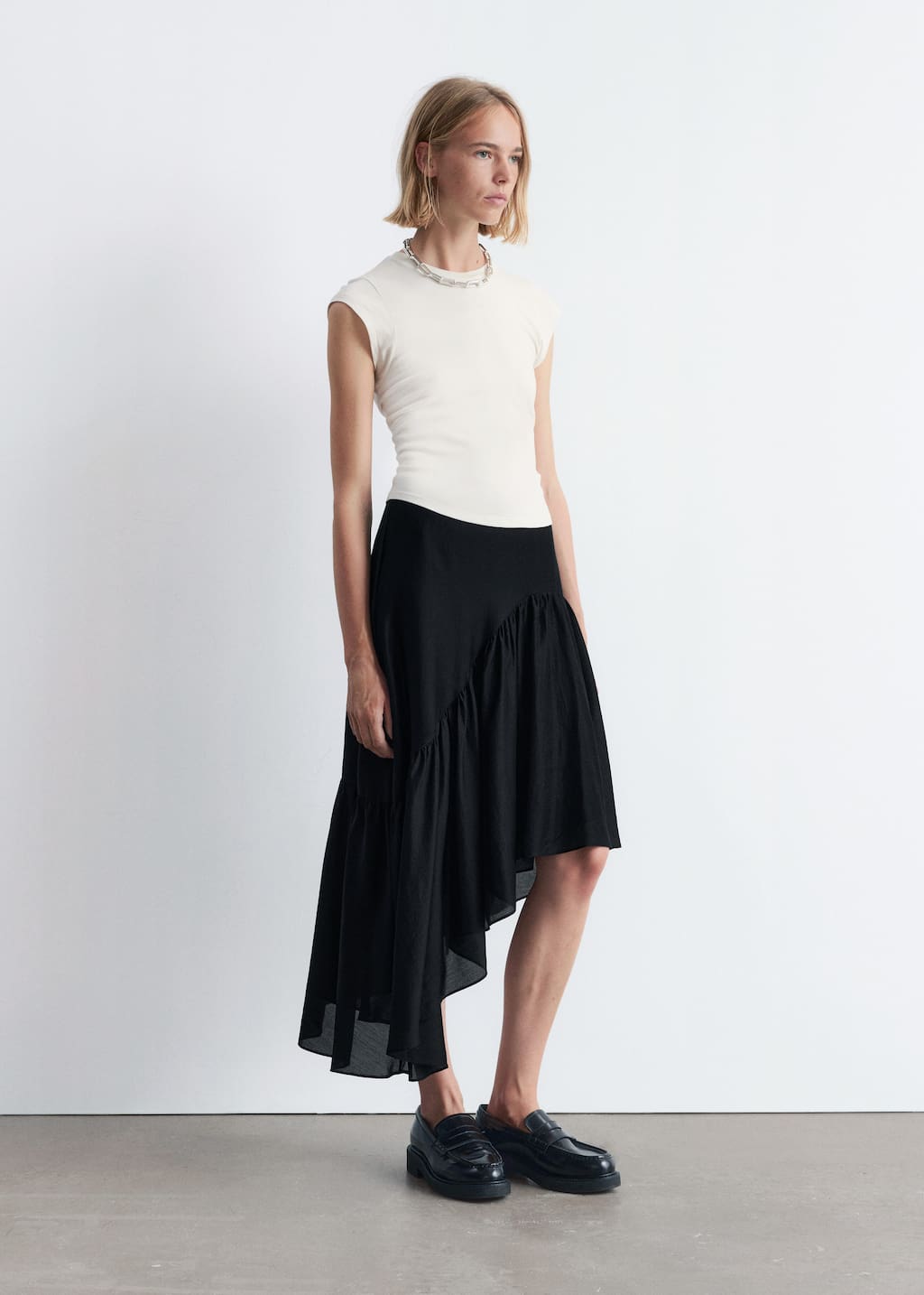 Image of Asymmetric Ruffle Midi Skirt