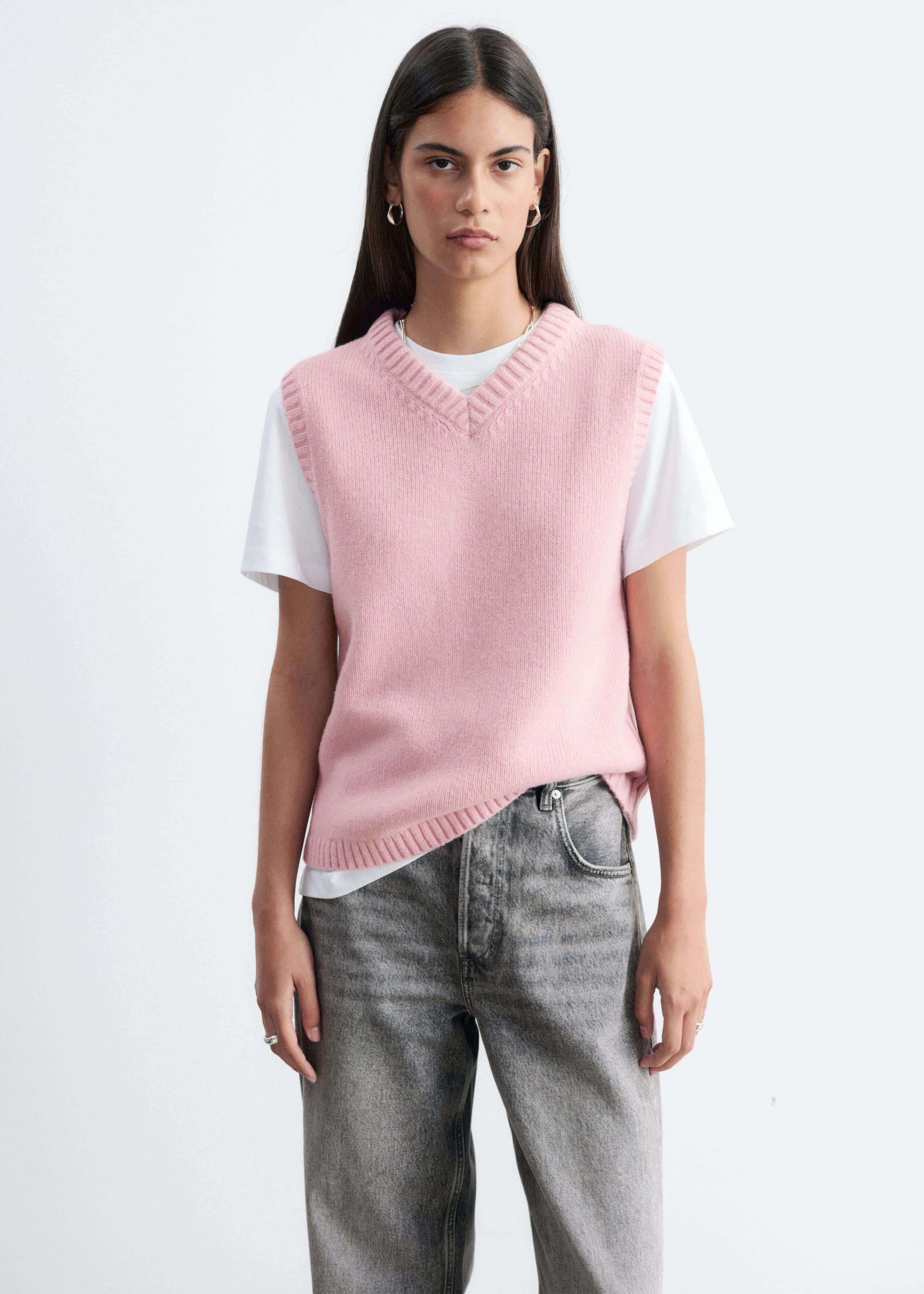 Wool-Cotton Knitted Vest - Pink - Lookbook