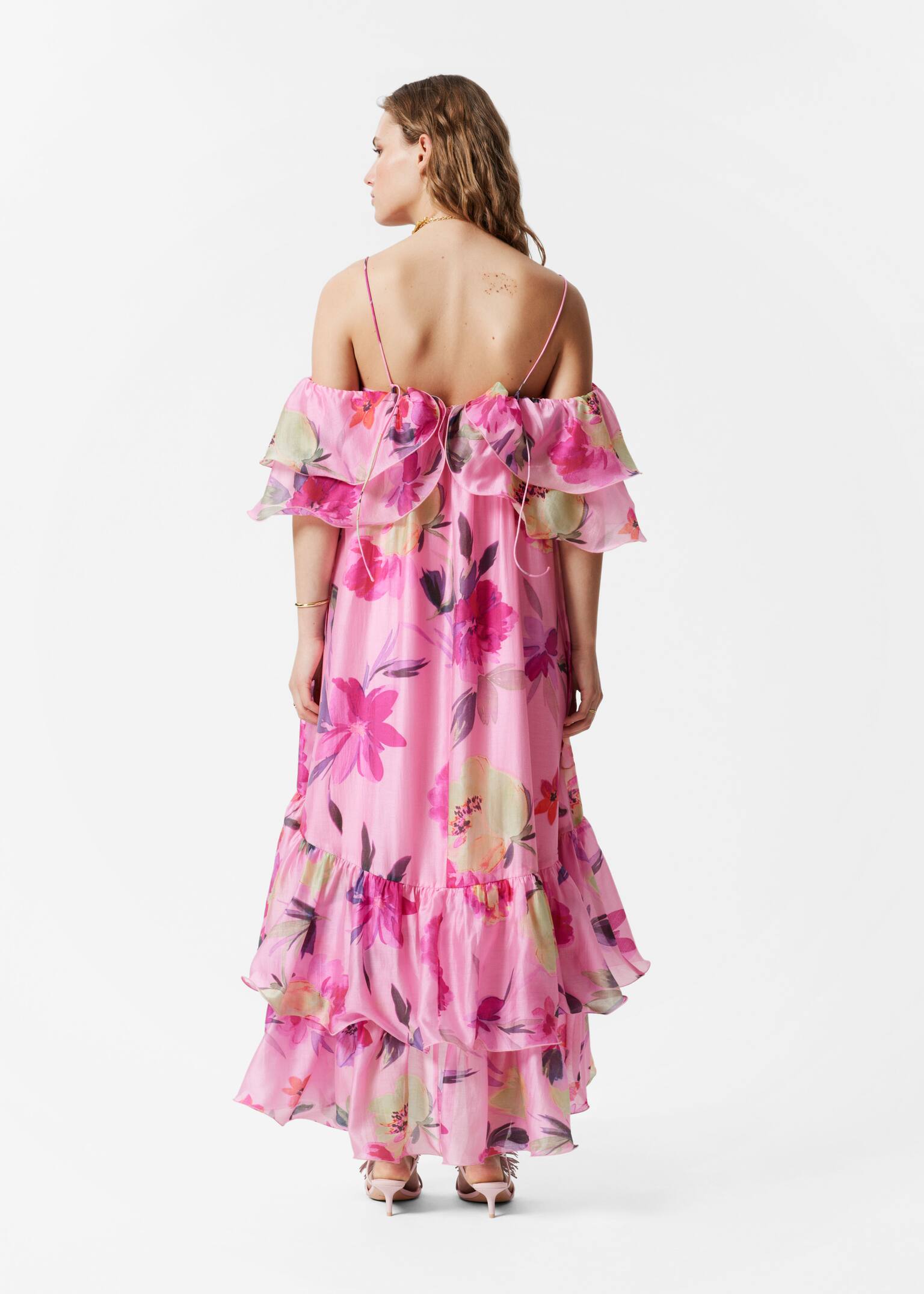 Robe longue à volants aux épaules nues - Motif floral rose/Bleu ciel/Blanc - 3