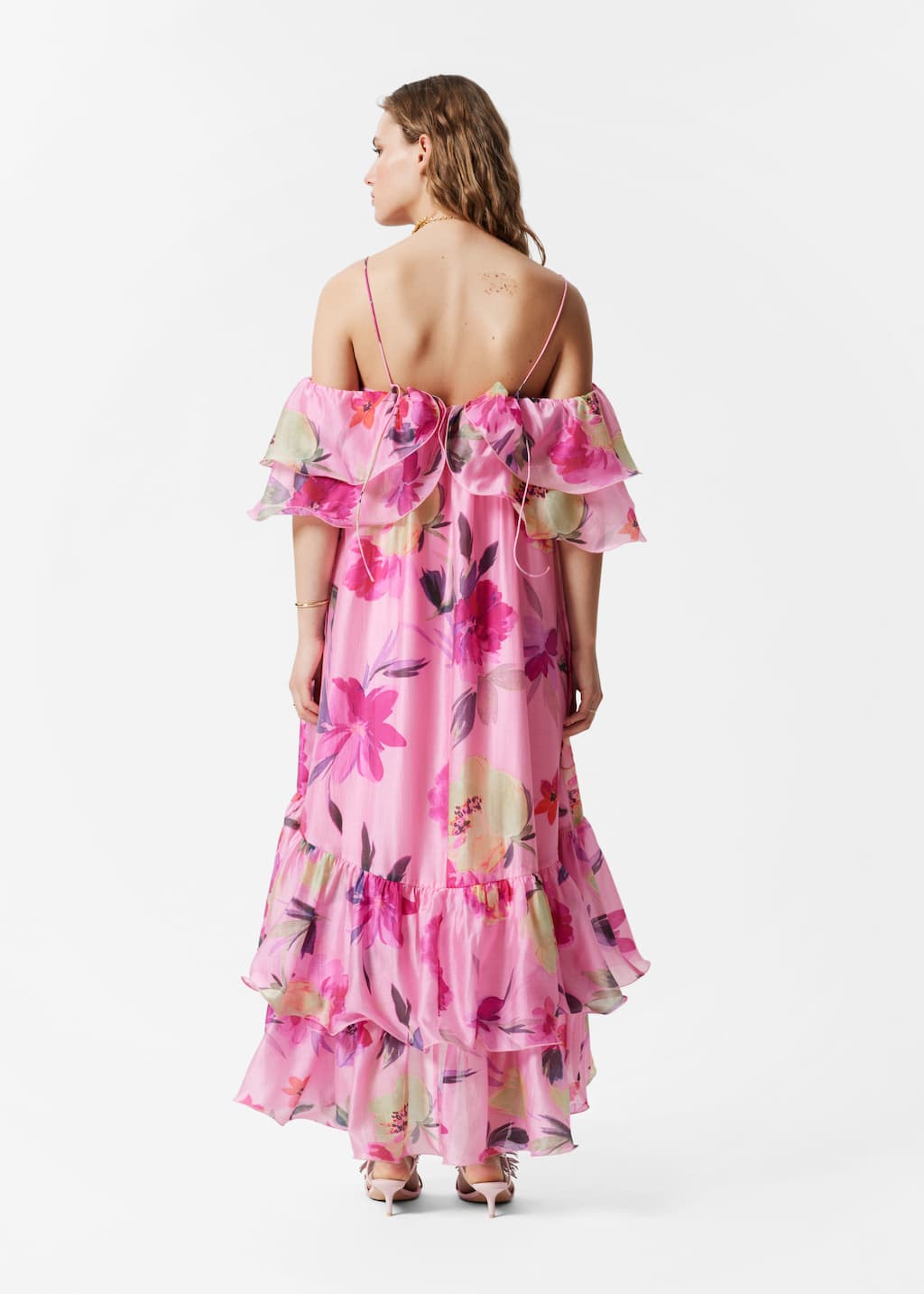 Off-Shoulder Ruffle Maxi Dress - Pink Floral - Lookbook