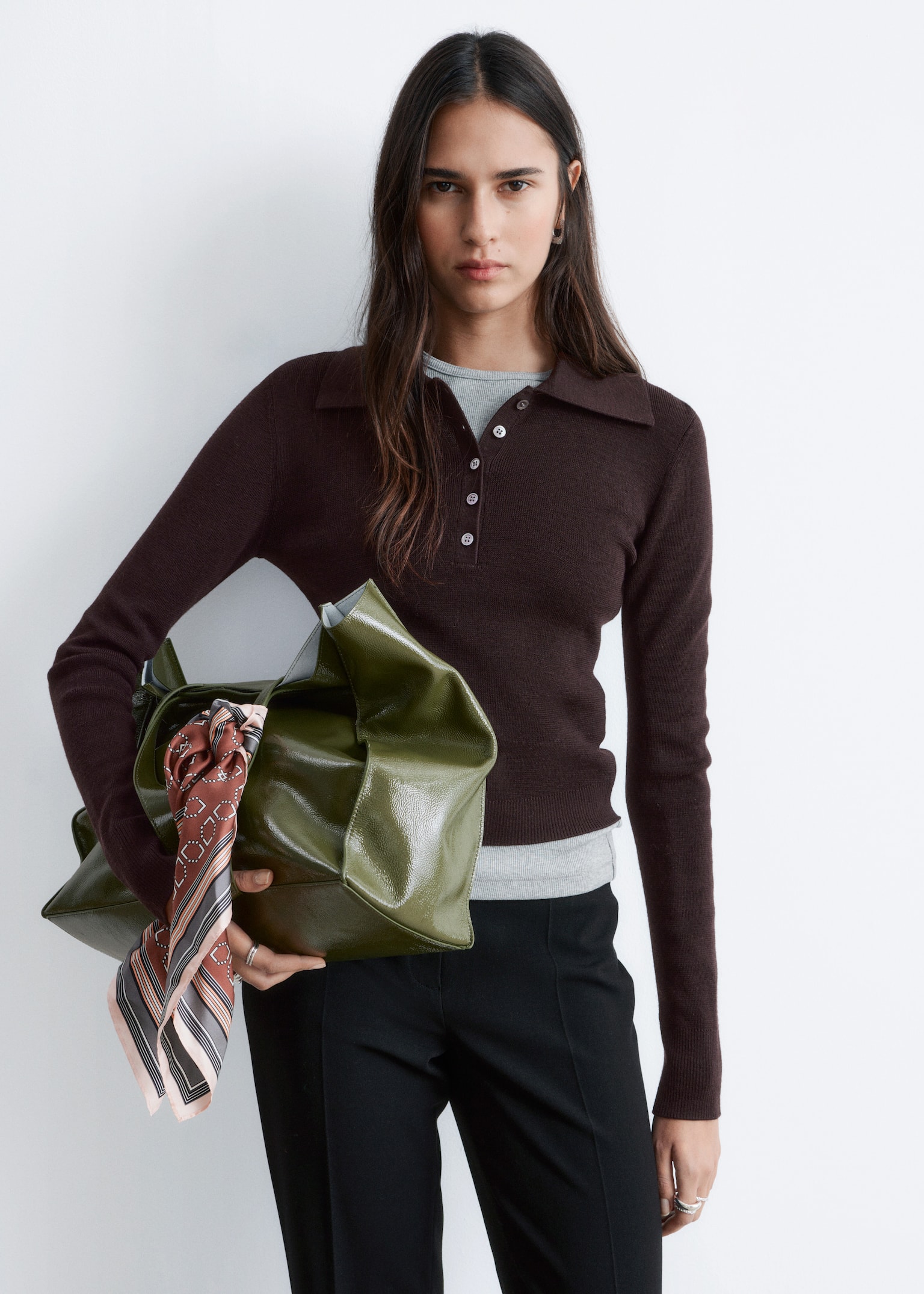 Ribgebreid poloshirt van merinowol - Donkerbruin/Perzik/Grijs gemêleerd - 1