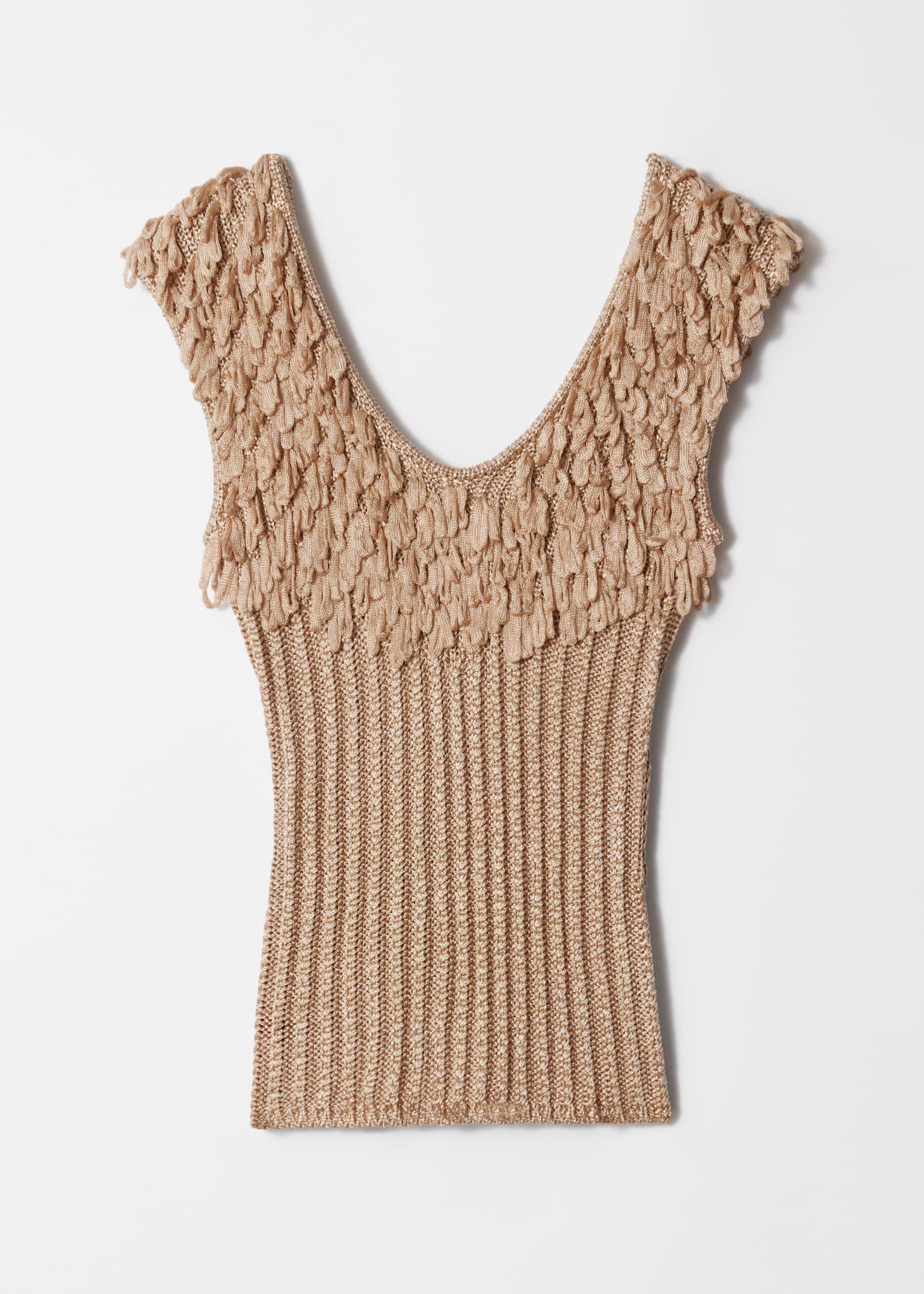 Ribgebreide top met franjes - Beige/Black - 2