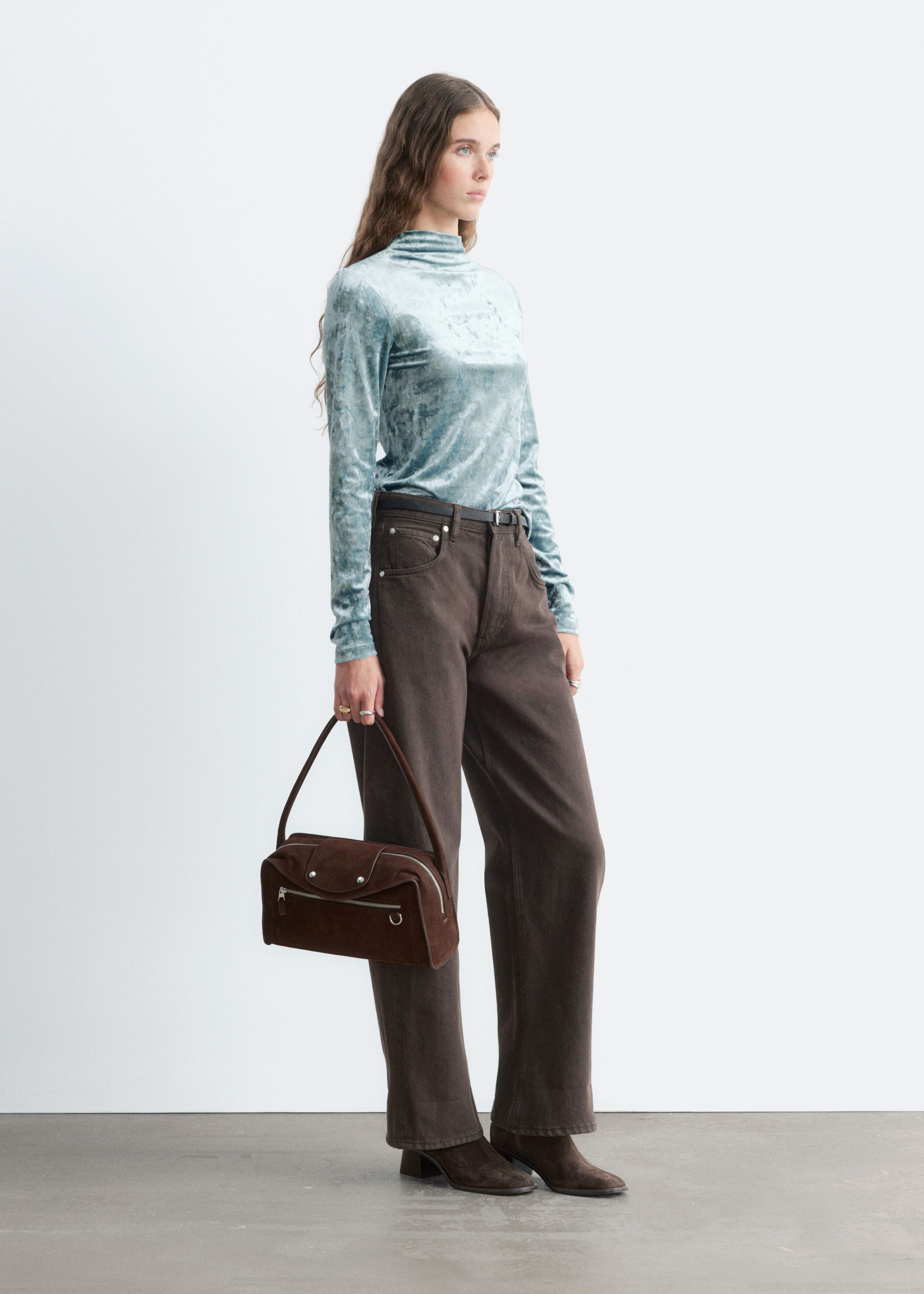 Velvet Mock Neck Top - Turquoise - Lookbook