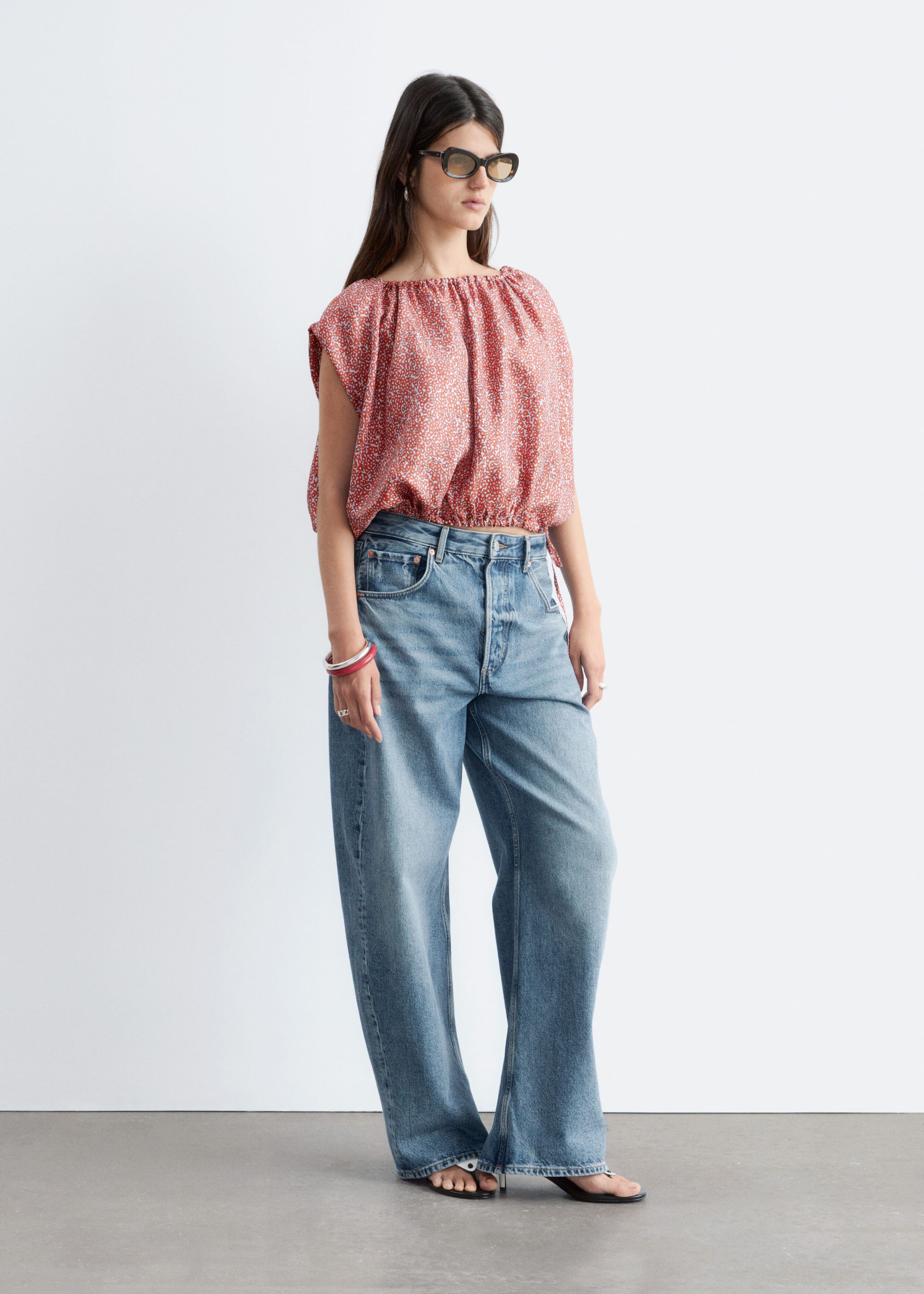 Printed Drawstring Silk Top - Muted Red/Florals - Lookbook