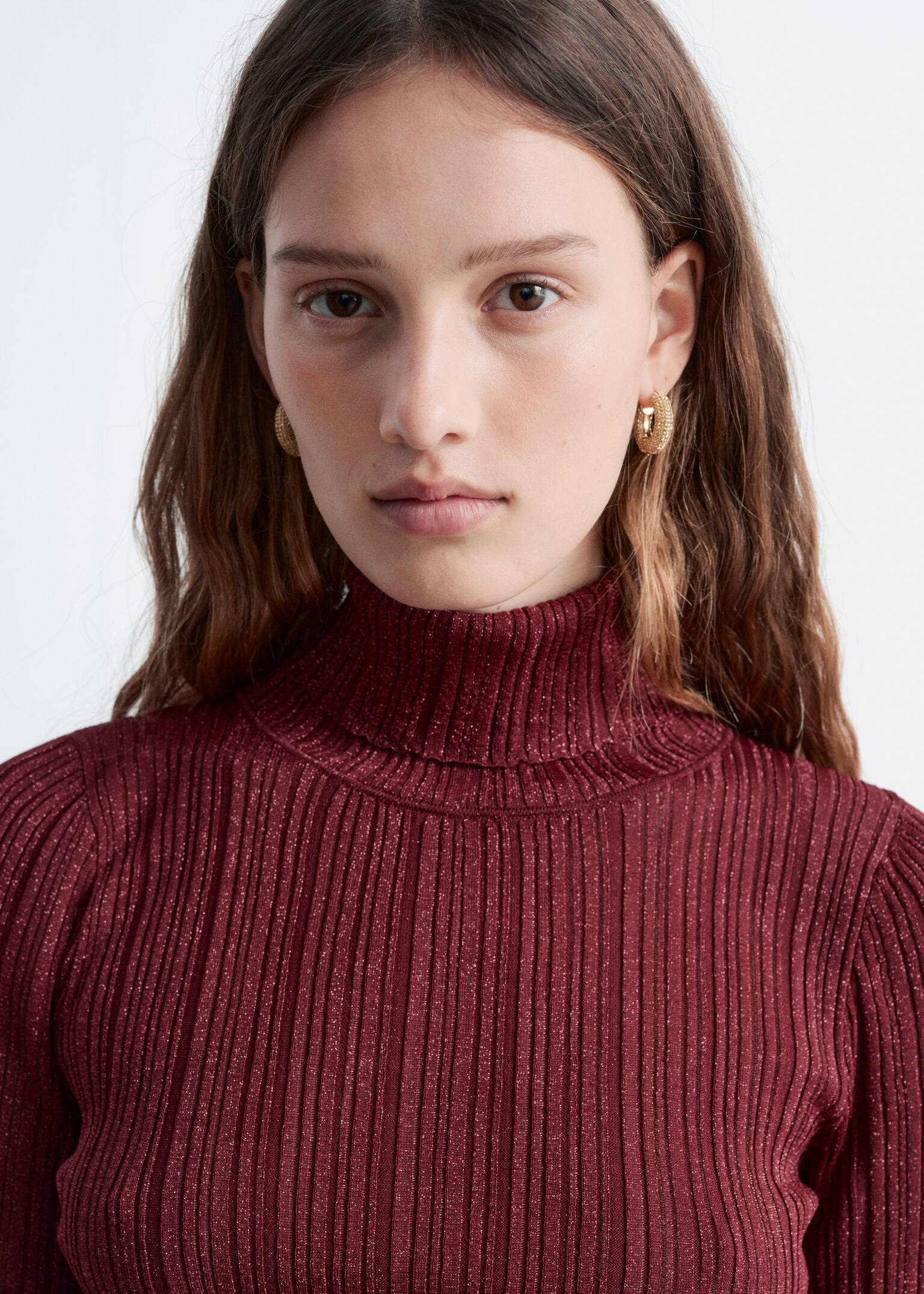 Rib-Knit Lurex Turtleneck - Dark Red/Light Blue/Dark Brown/Dark Turquoise - 5