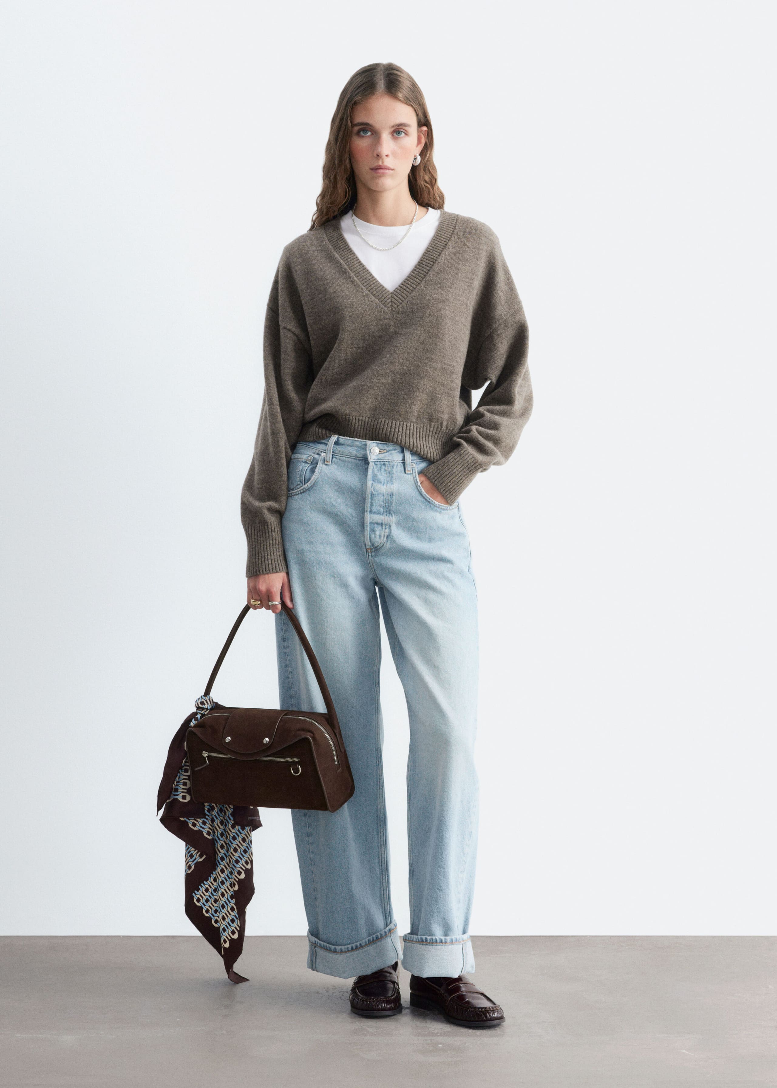 Wool-Cotton V-Neck Jumper - Grey - Lookbook