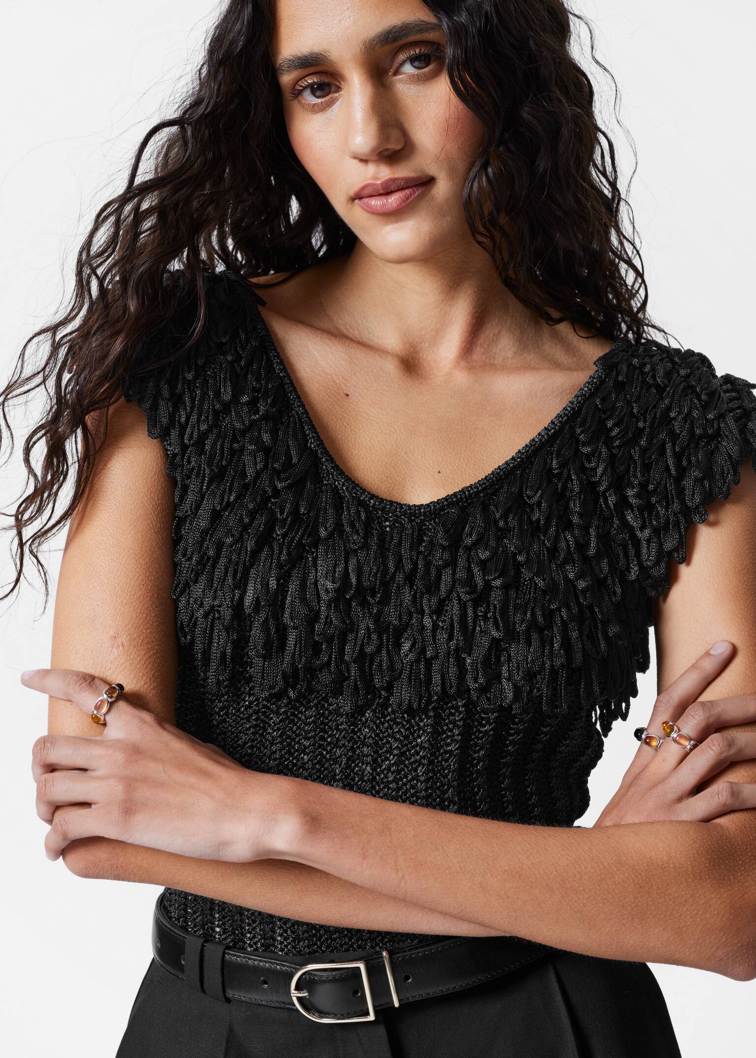 cu franjuri și tricotaj ribbed - Pantaloni negri/Bej - 3