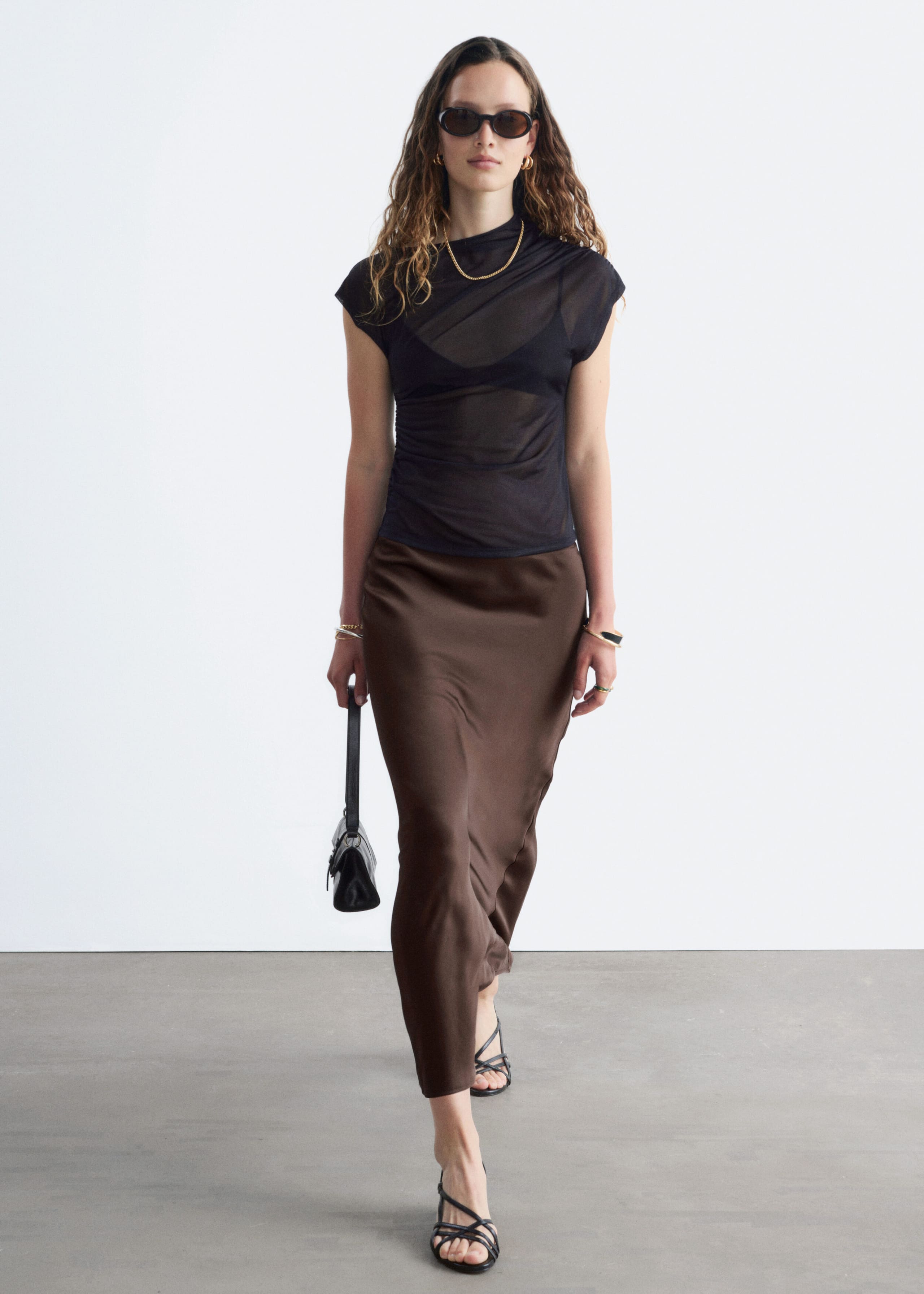 Satin Maxi Skirt - Dark Brown - Lookbook