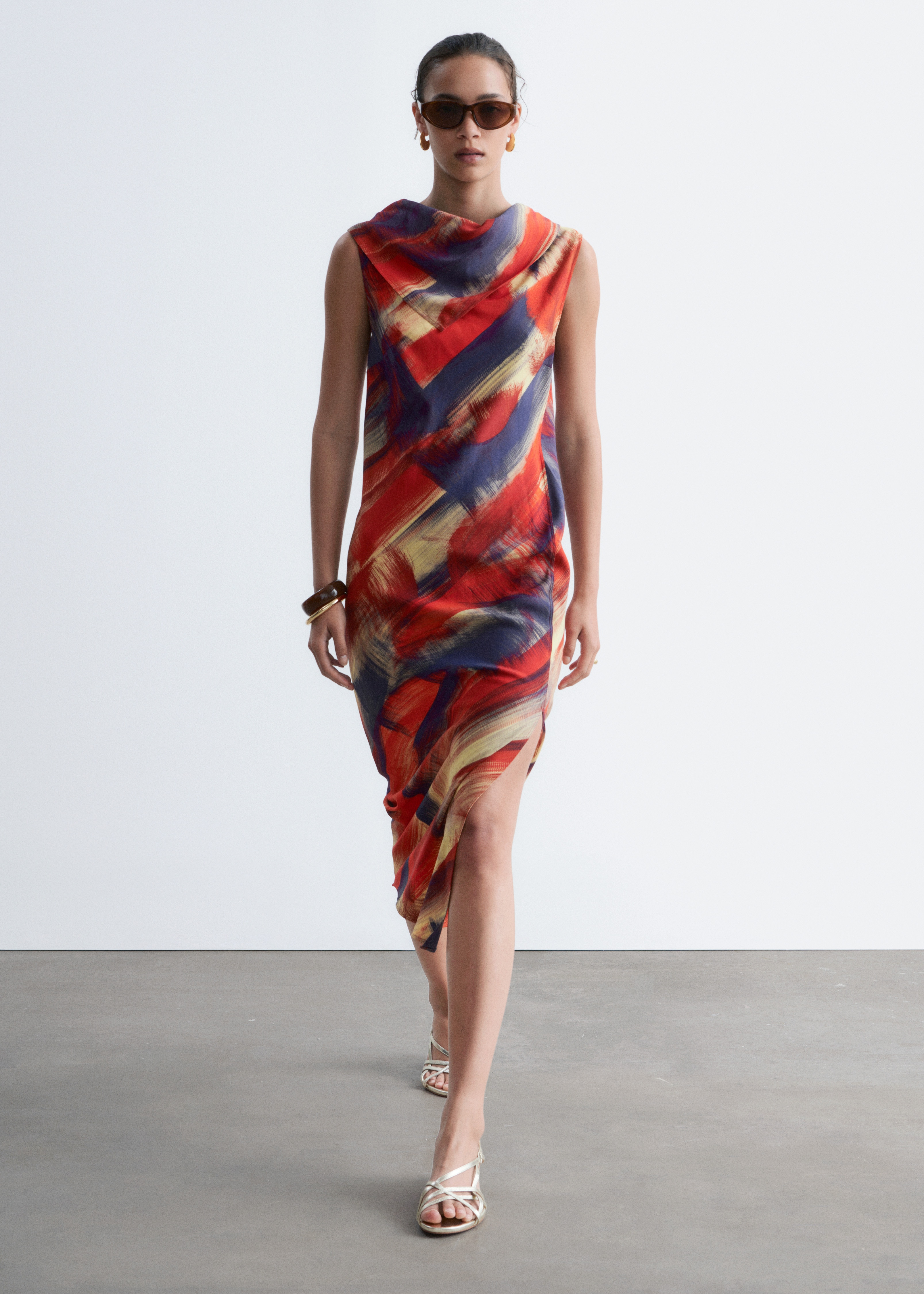 Midikleid mit Schal - Rot/Print/Hellbeige