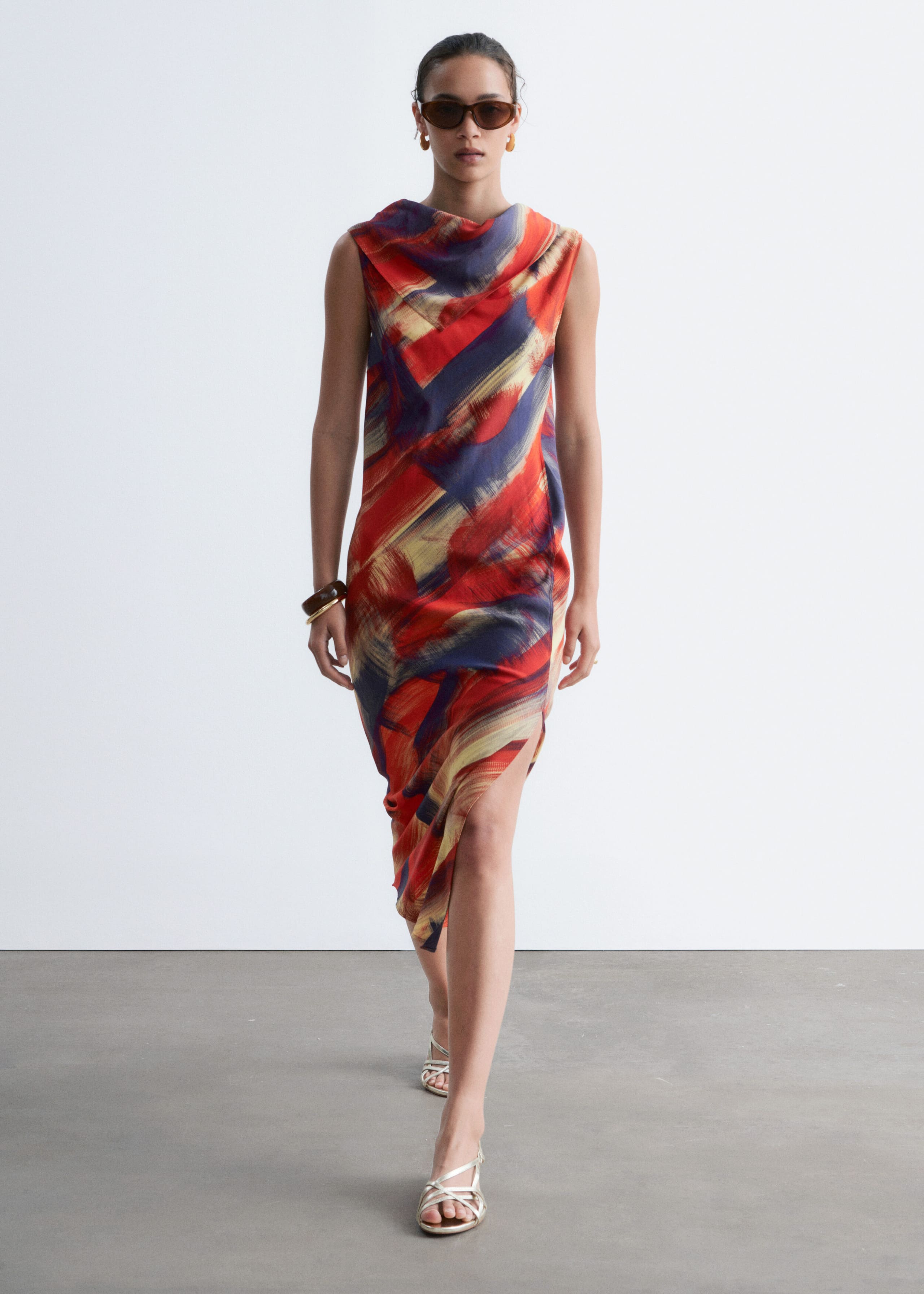 Scarf-Detail Midi Dress - Red/Print - Lookbook