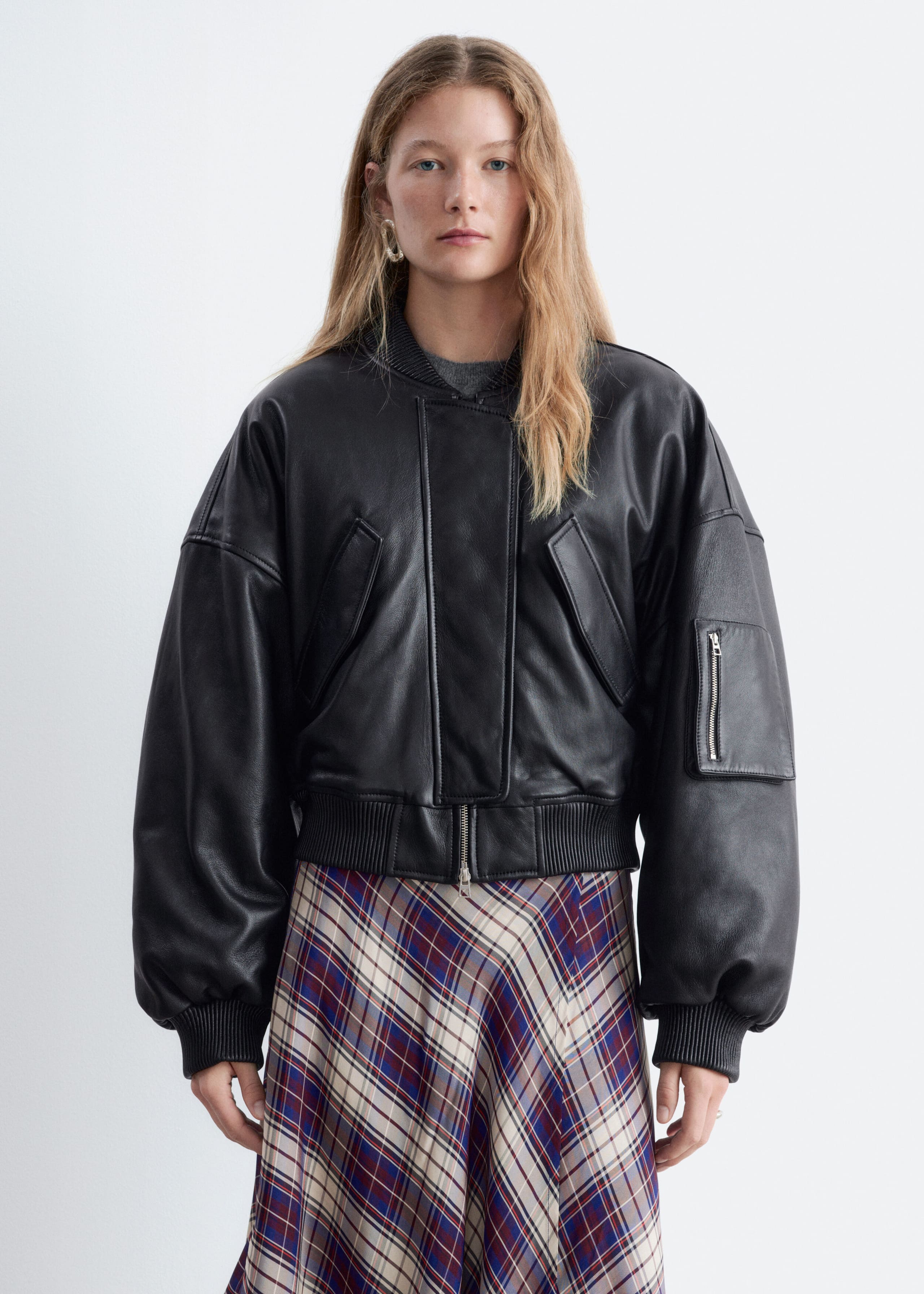 Cropped Leather Bomber Jacket - Black - Lookbook