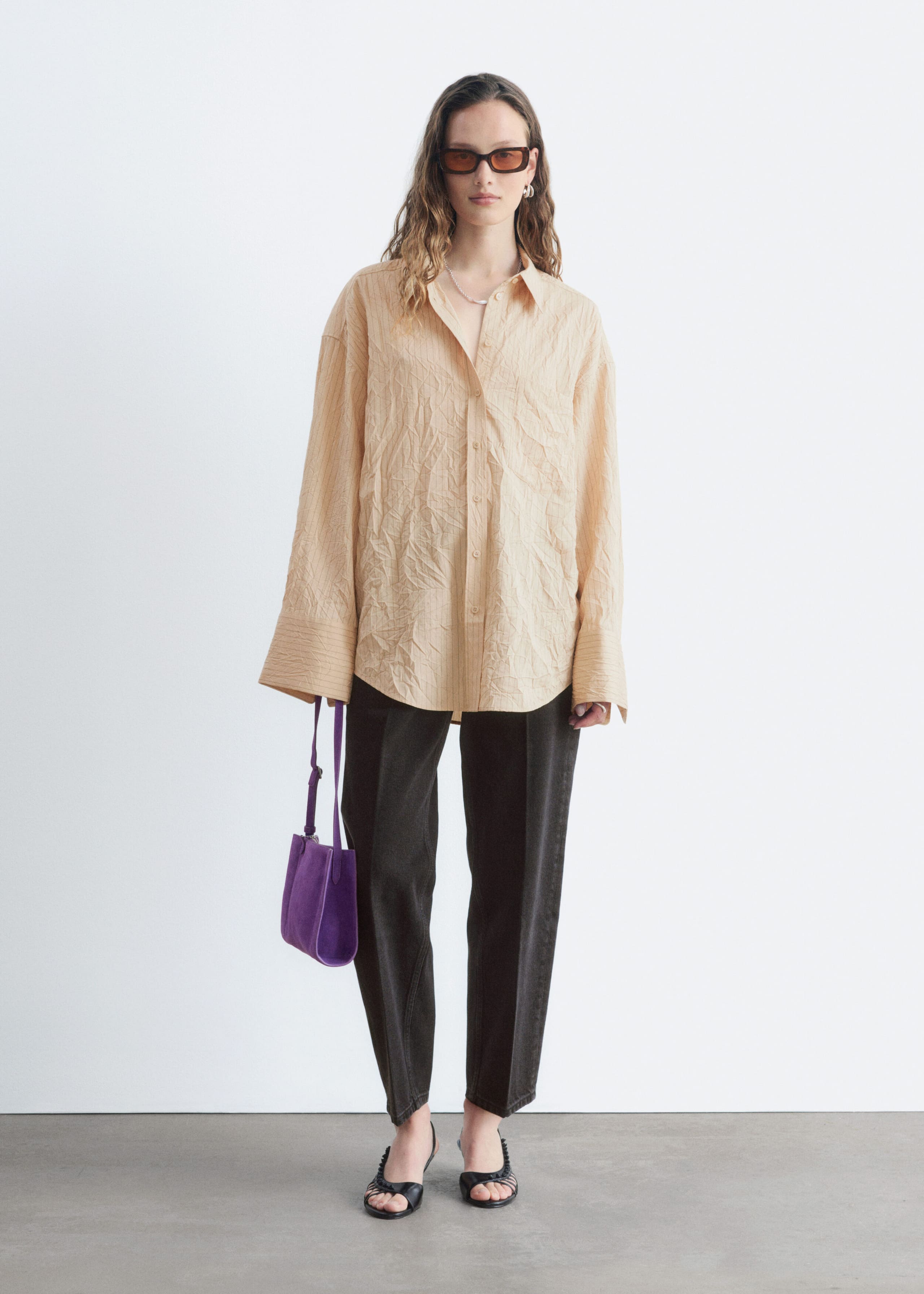 Crinkled Oversized Shirt - Beige - Lookbook