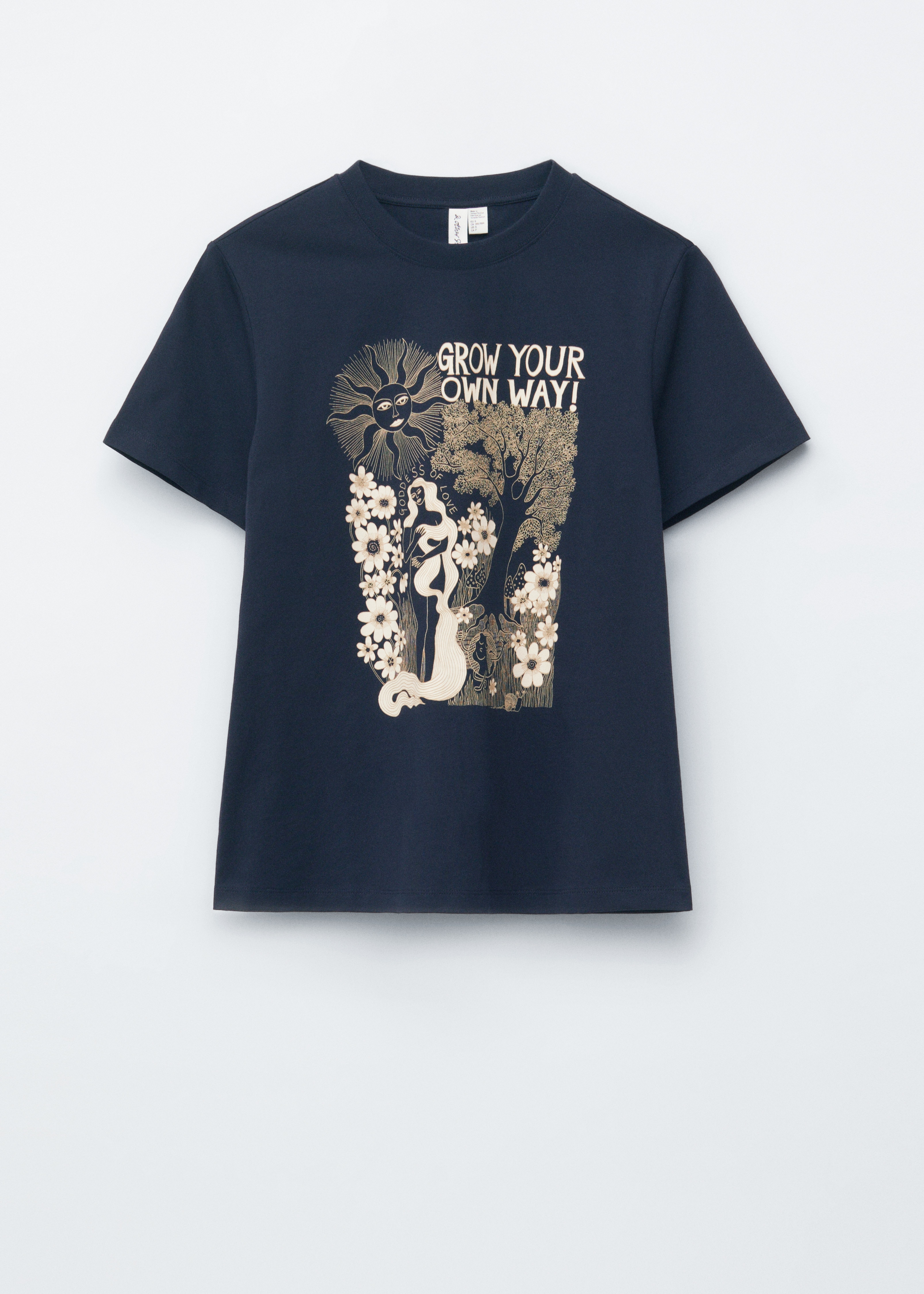 Cotton T-shirt - Tmavě modrá/vzor/Bílý potisk/Žlutý květinový potisk