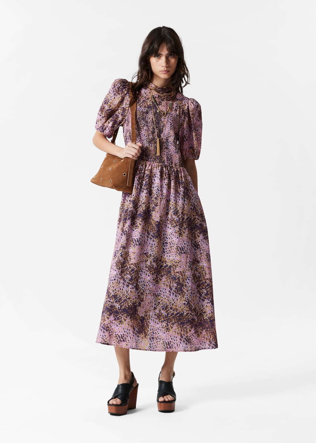 Robe midi à smocks et à manches ballon - Imprimé cœur beige - Lookbook