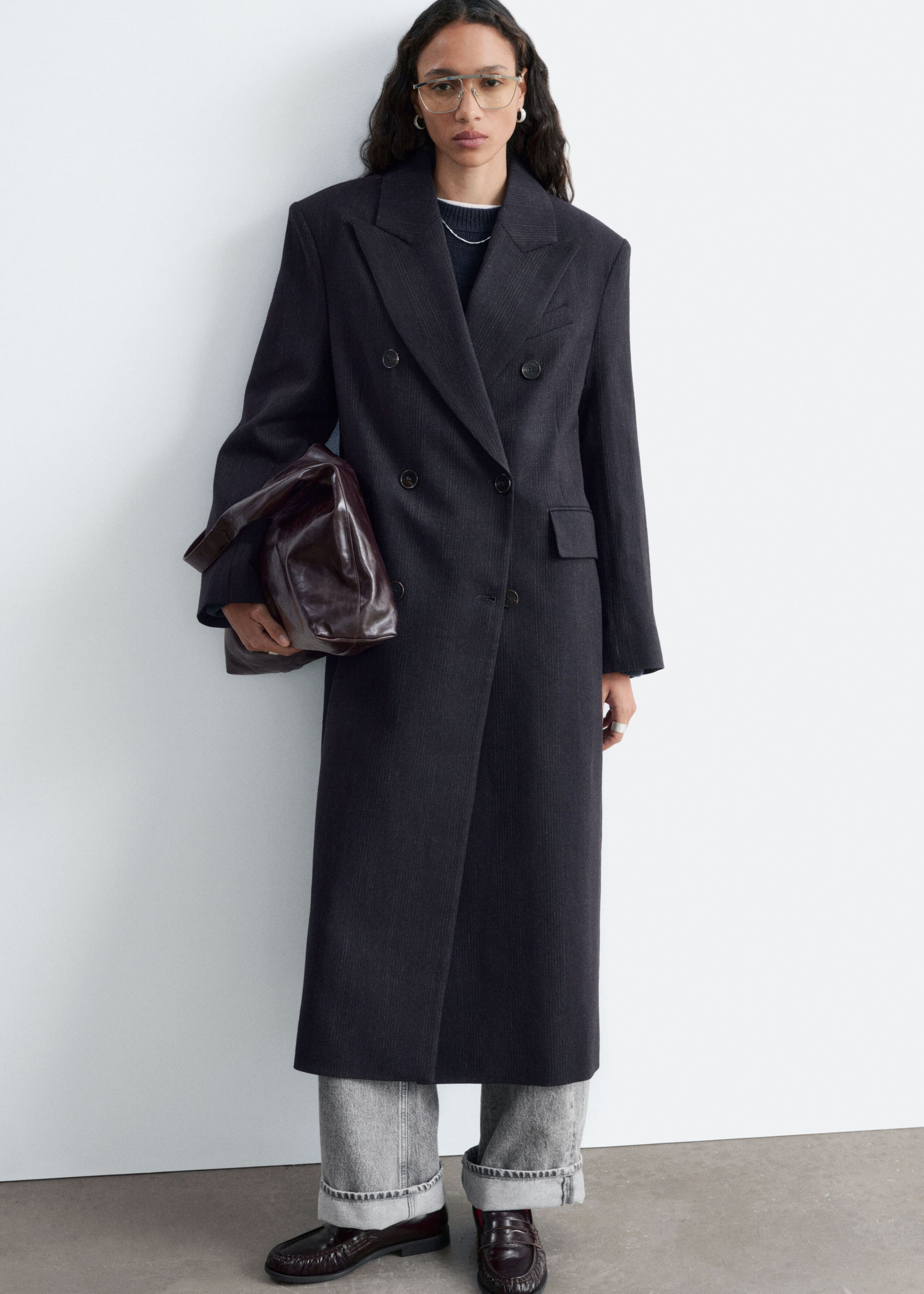 Cappotto doppiopetto in cotone e lana - Marrone scuro - Lookbook