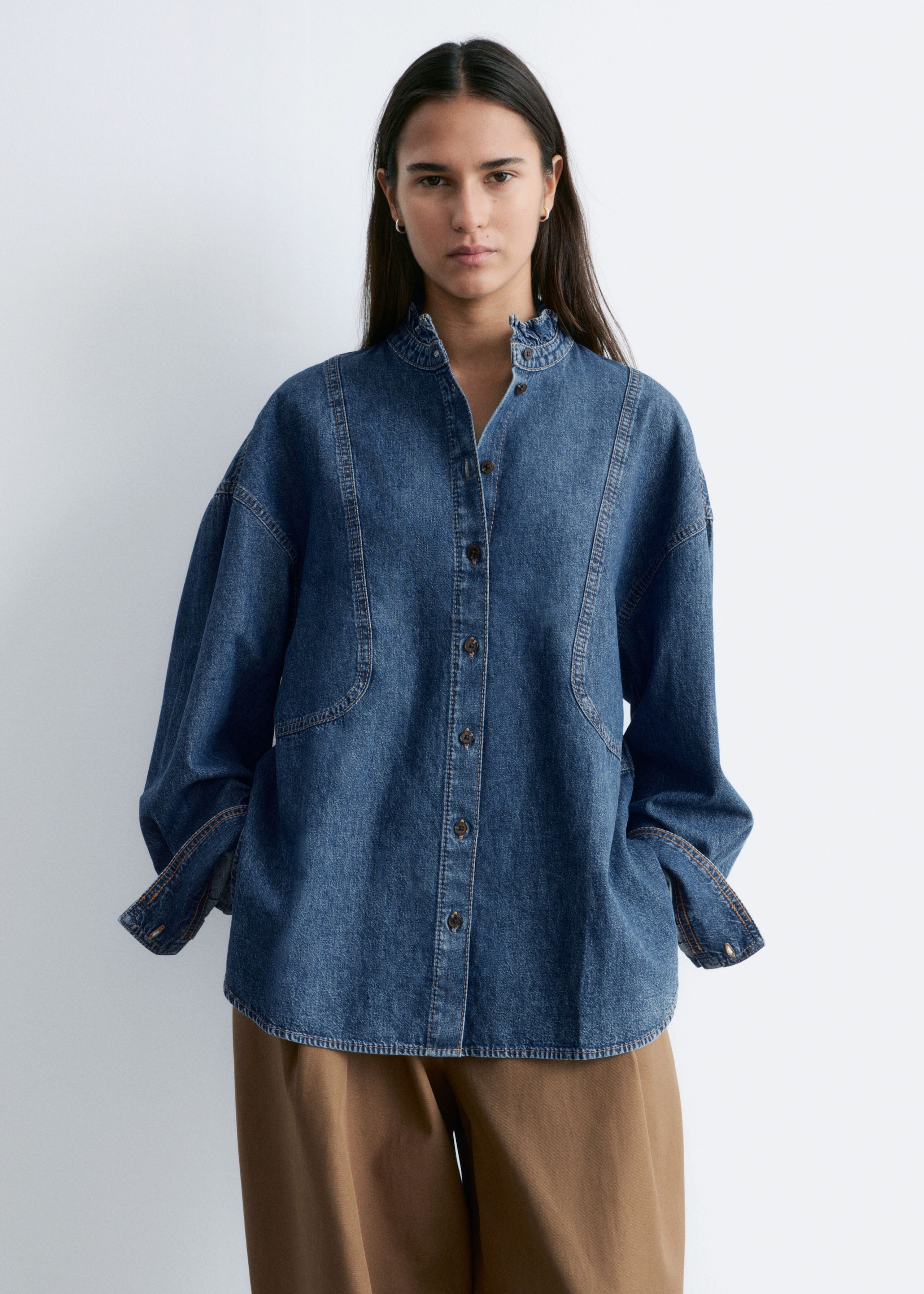 Image of Frill-Collar Denim Blouse